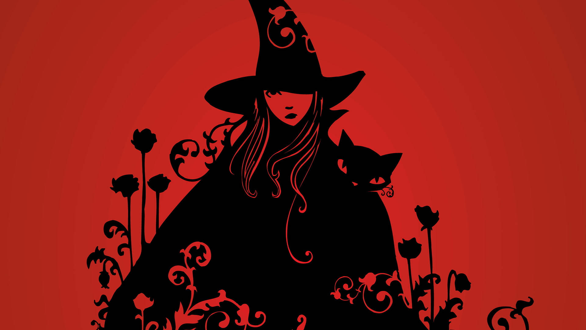 witch, cat, ornate floral patterns, Full HD Desktop Wallpaper