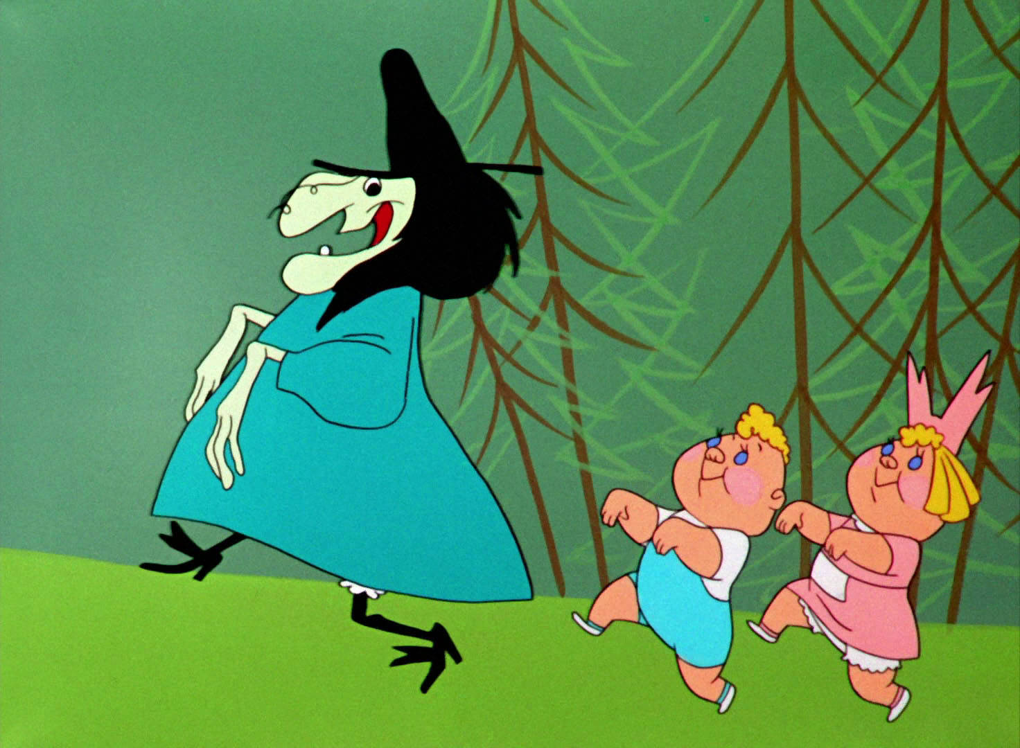 Bewitched Kids In The Forest, cartoon witch, blue dress, HD Desktop Wallpaper