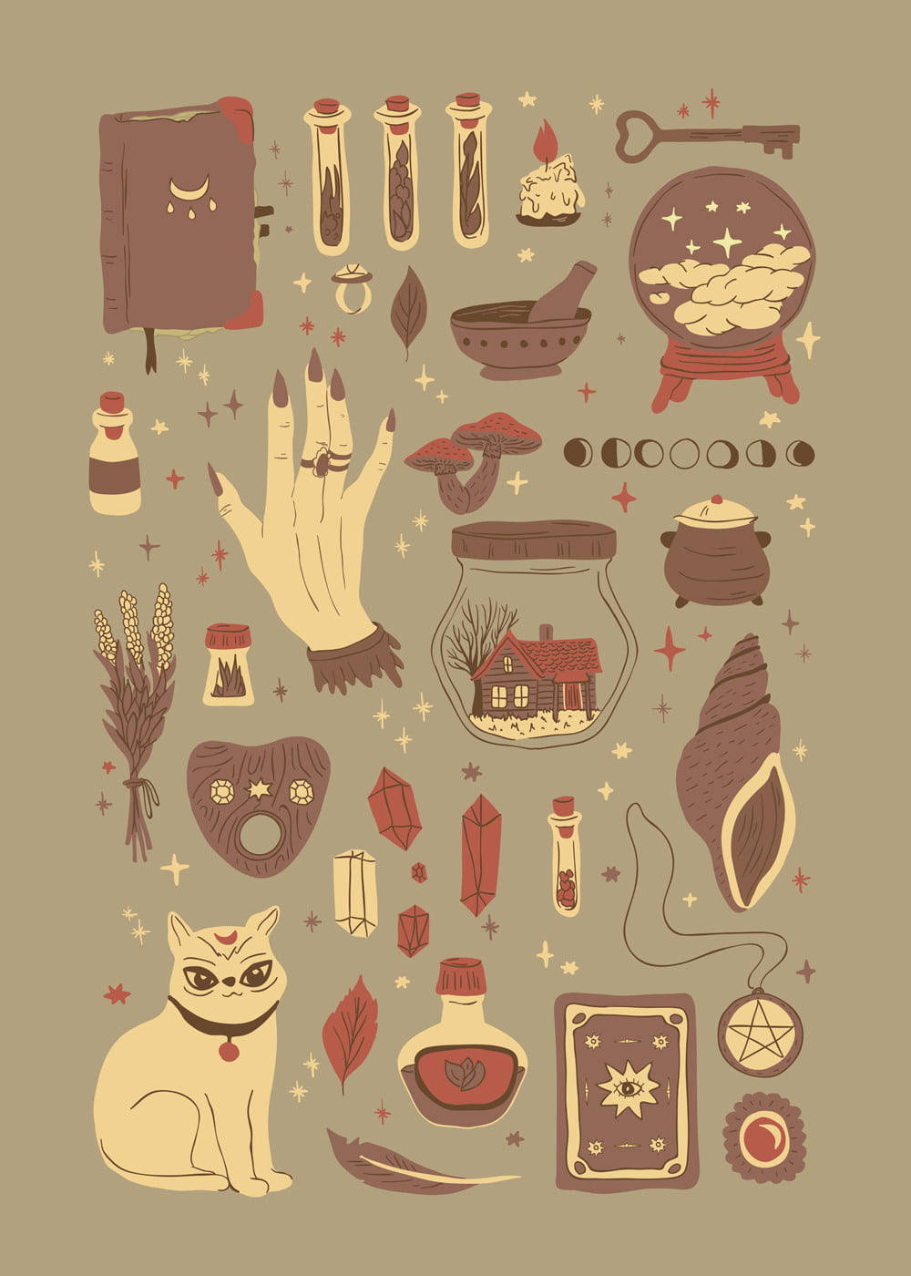 witchy elements, cat, hand with rings, HD Phone Wallpaper