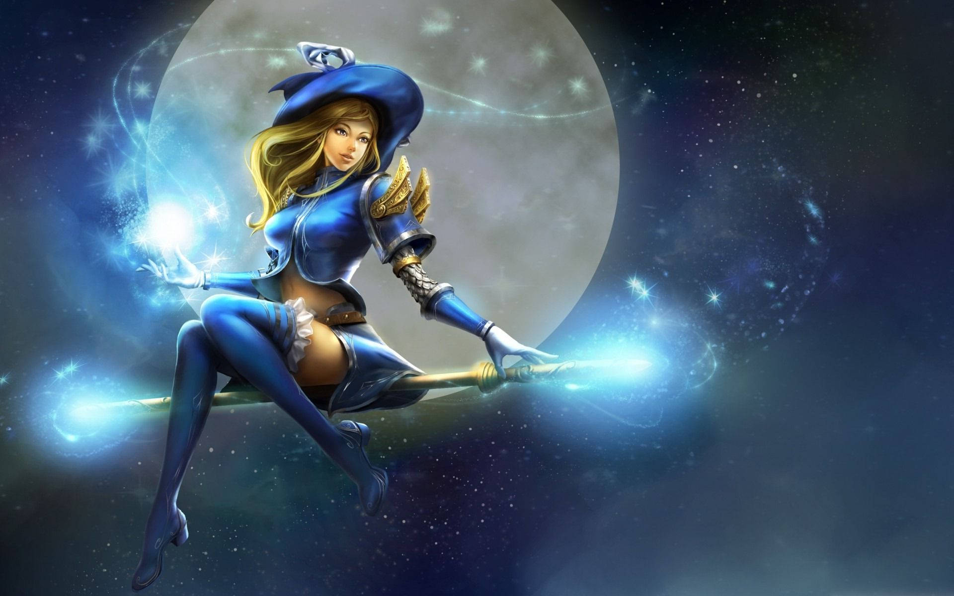 blue-clad female wizard, blonde hair, glowing staff, Full HD Desktop Wallpaper