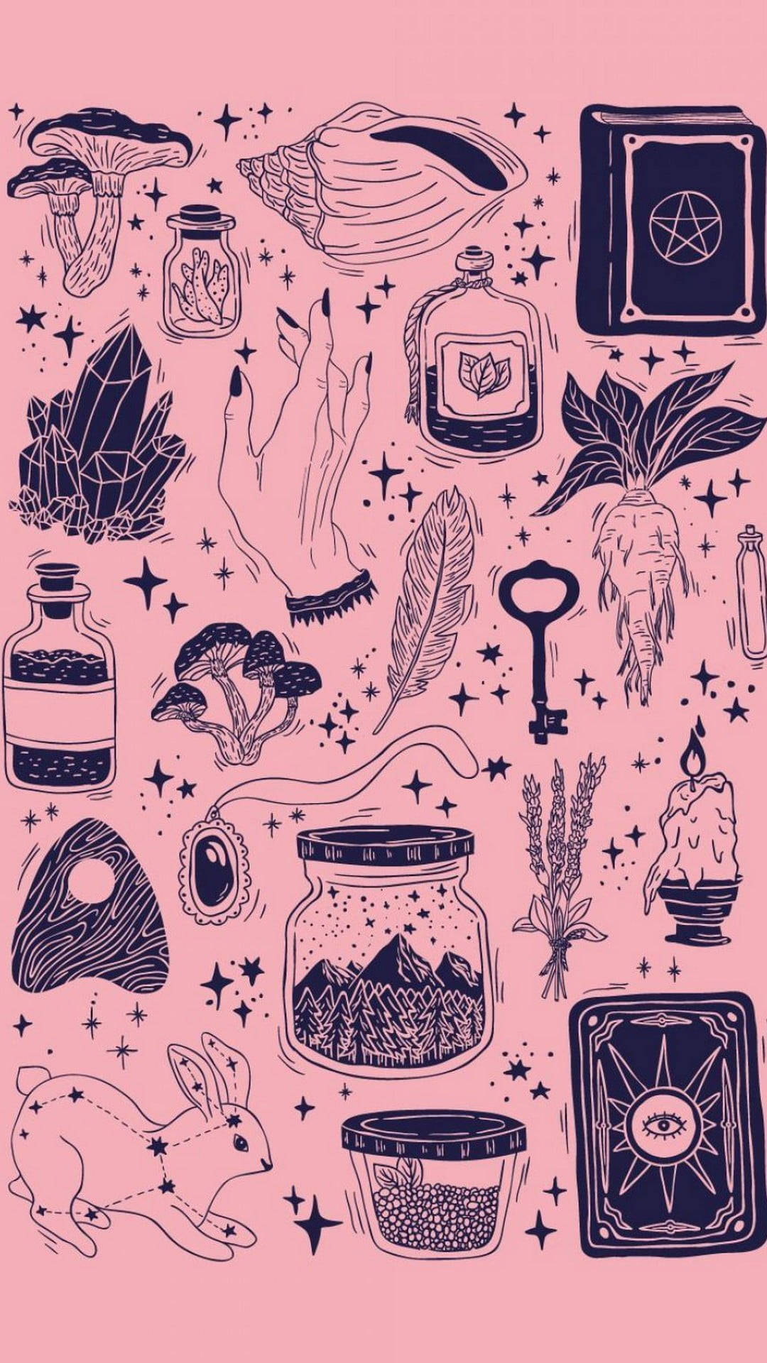 Pink Halloween Grunge Witchy, mystical pink, hand-drawn occult symbols, Full HD Phone Wallpaper
