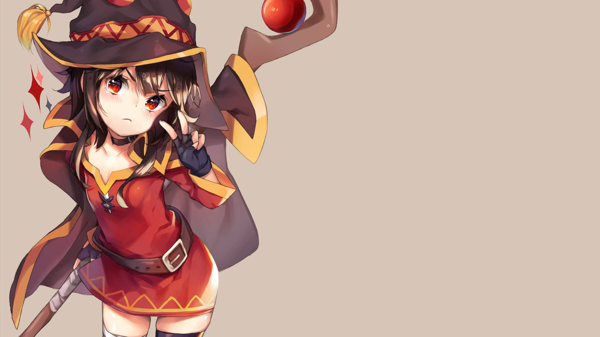 witchy anime cute girl, red and gold outfit, glowing red orb, Full HD Desktop Wallpaper