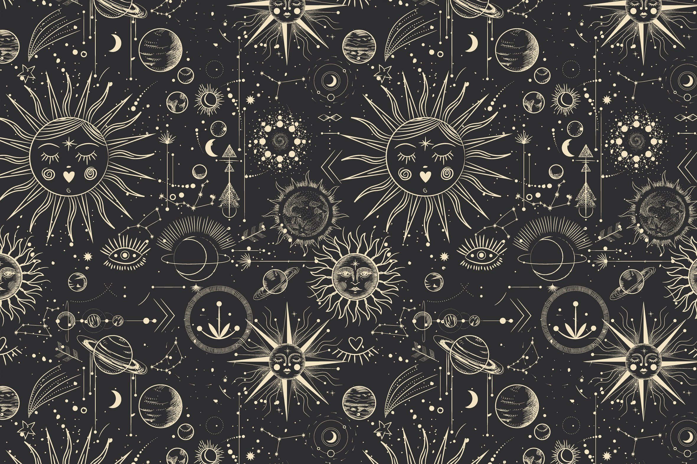Witchy, celestial pattern, smiling suns, Full HD Desktop Wallpaper