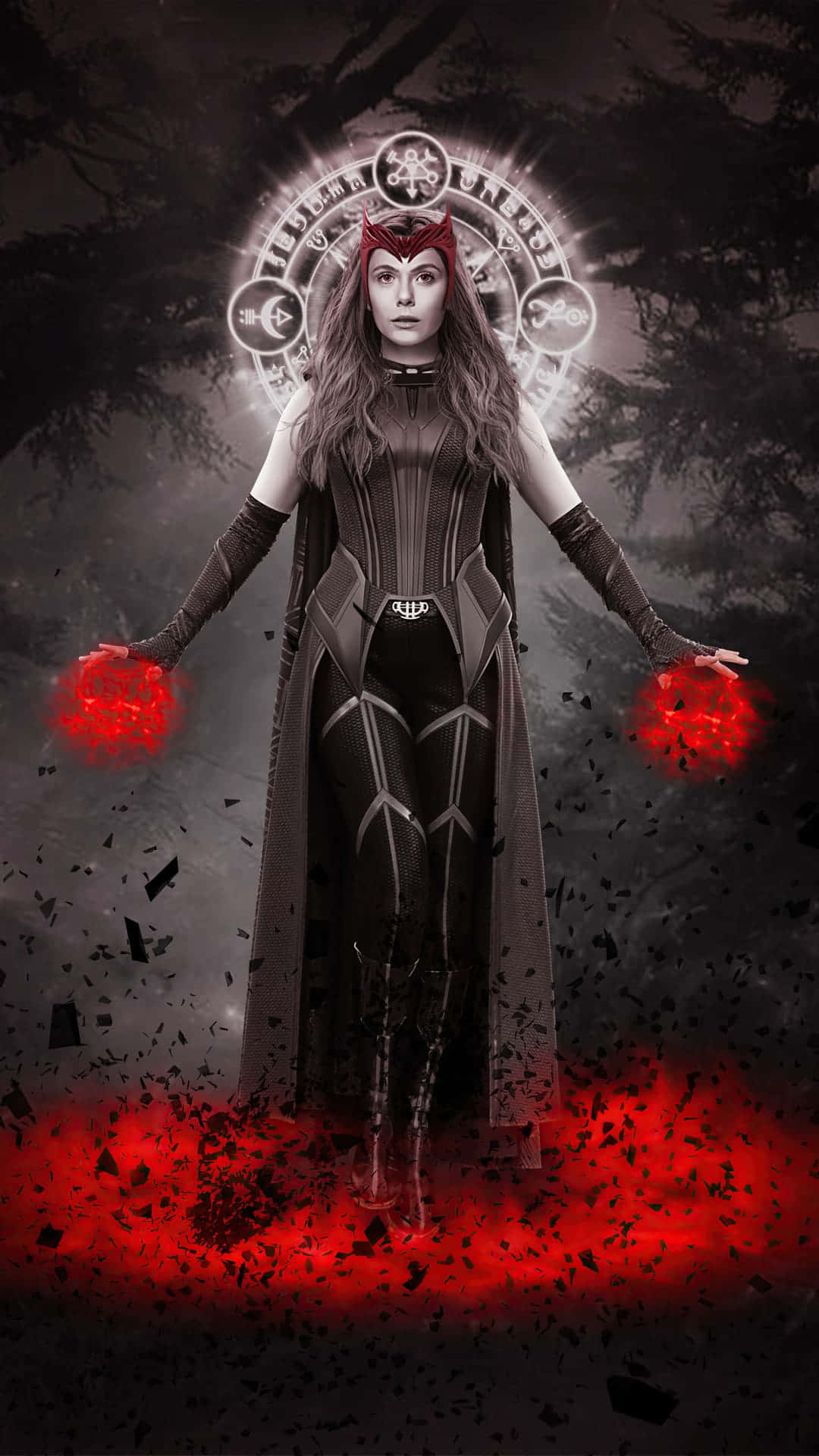 mystical witch figure, glowing symbols, red energy, Full HD Phone Wallpaper