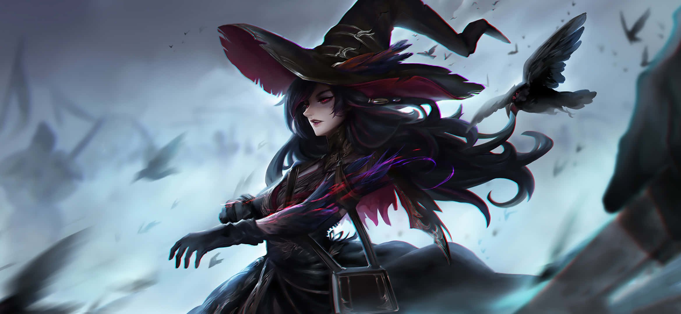 witch, wide-brimmed hat, crow, Full HD Desktop Wallpaper