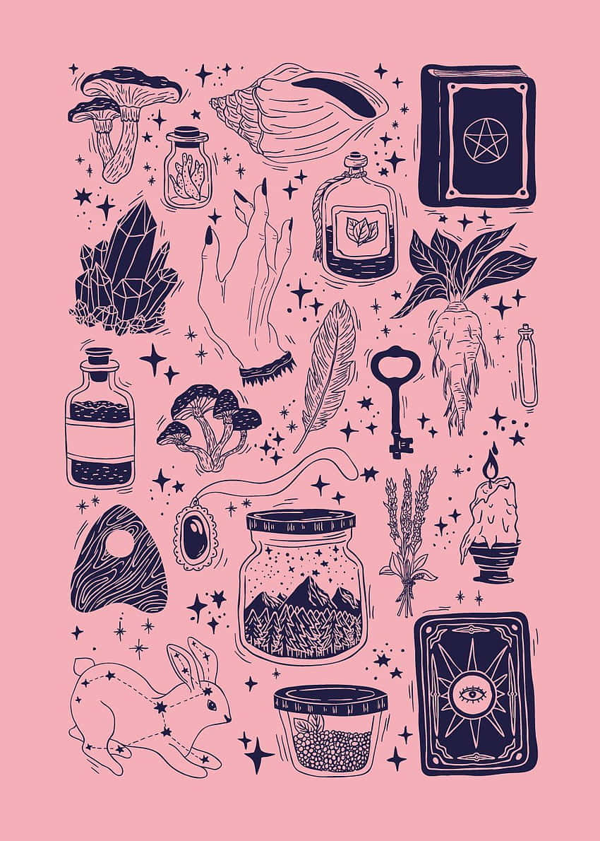 Pastel Witch, pink background, dark blue mystical symbols, SD Phone Wallpaper