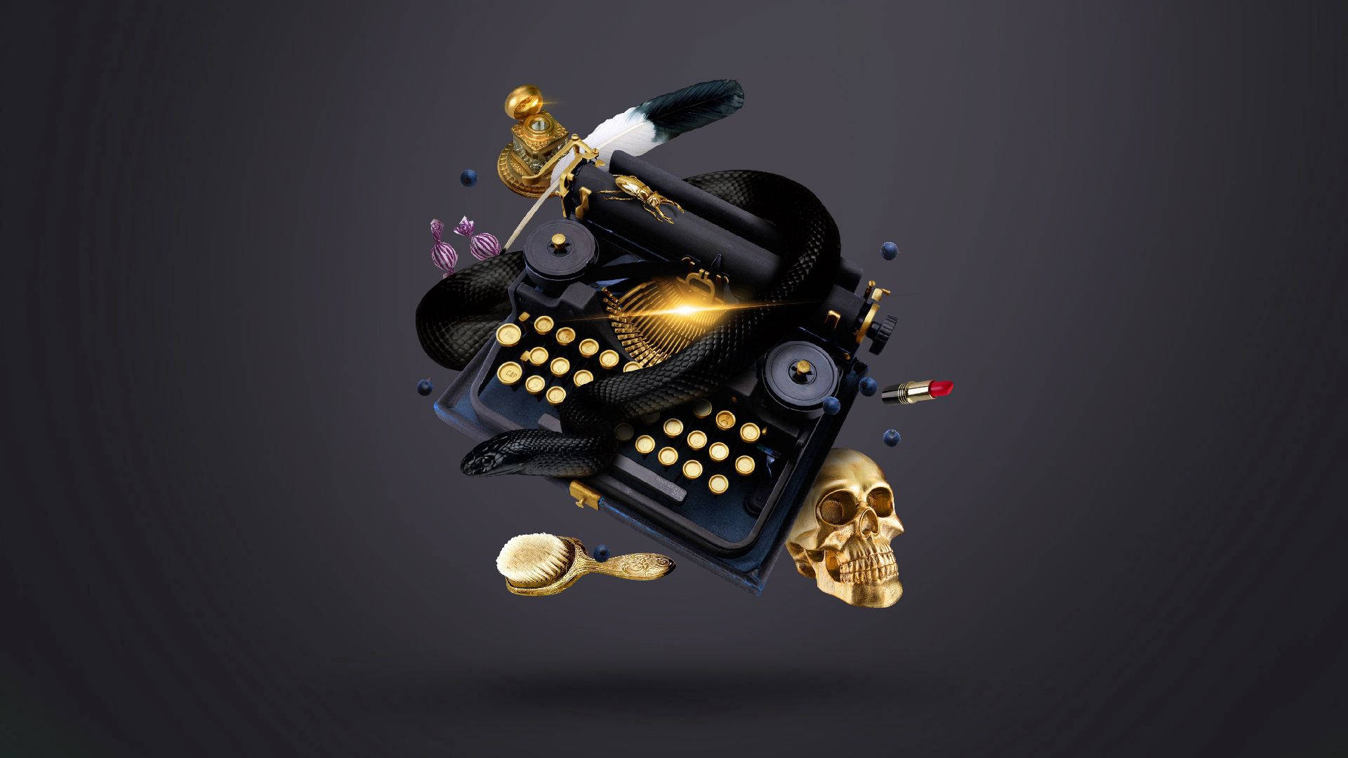 typewriter, golden skull, feather quill, Full HD Desktop Wallpaper