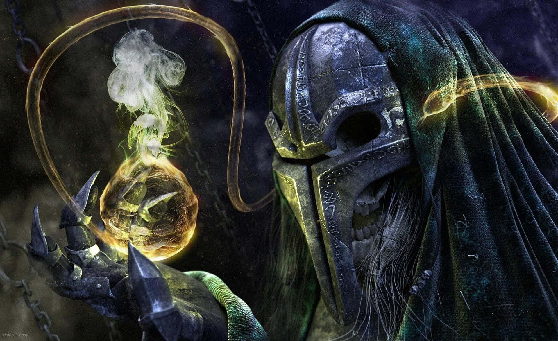 evil witch, skull mask, glowing orb, Full HD Desktop Wallpaper