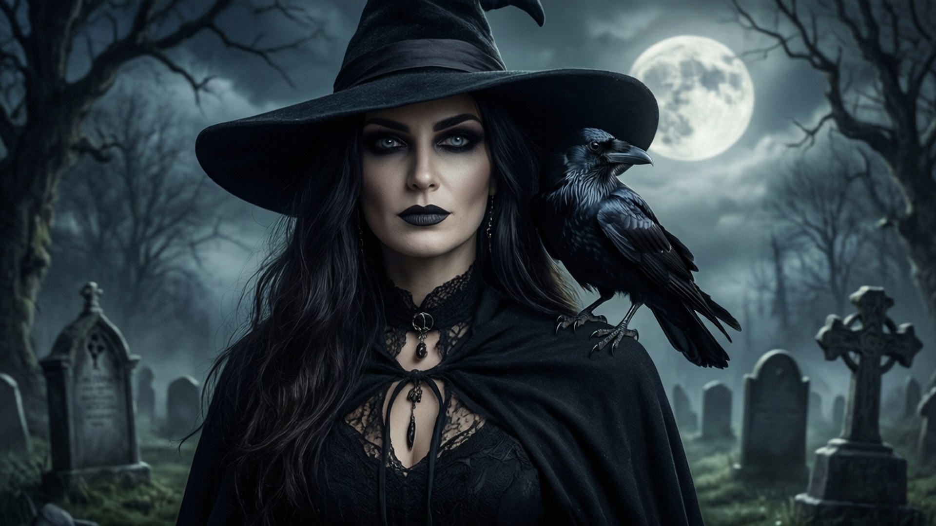 dark witch, crow, moonlit cemetery, Full HD Desktop Wallpaper