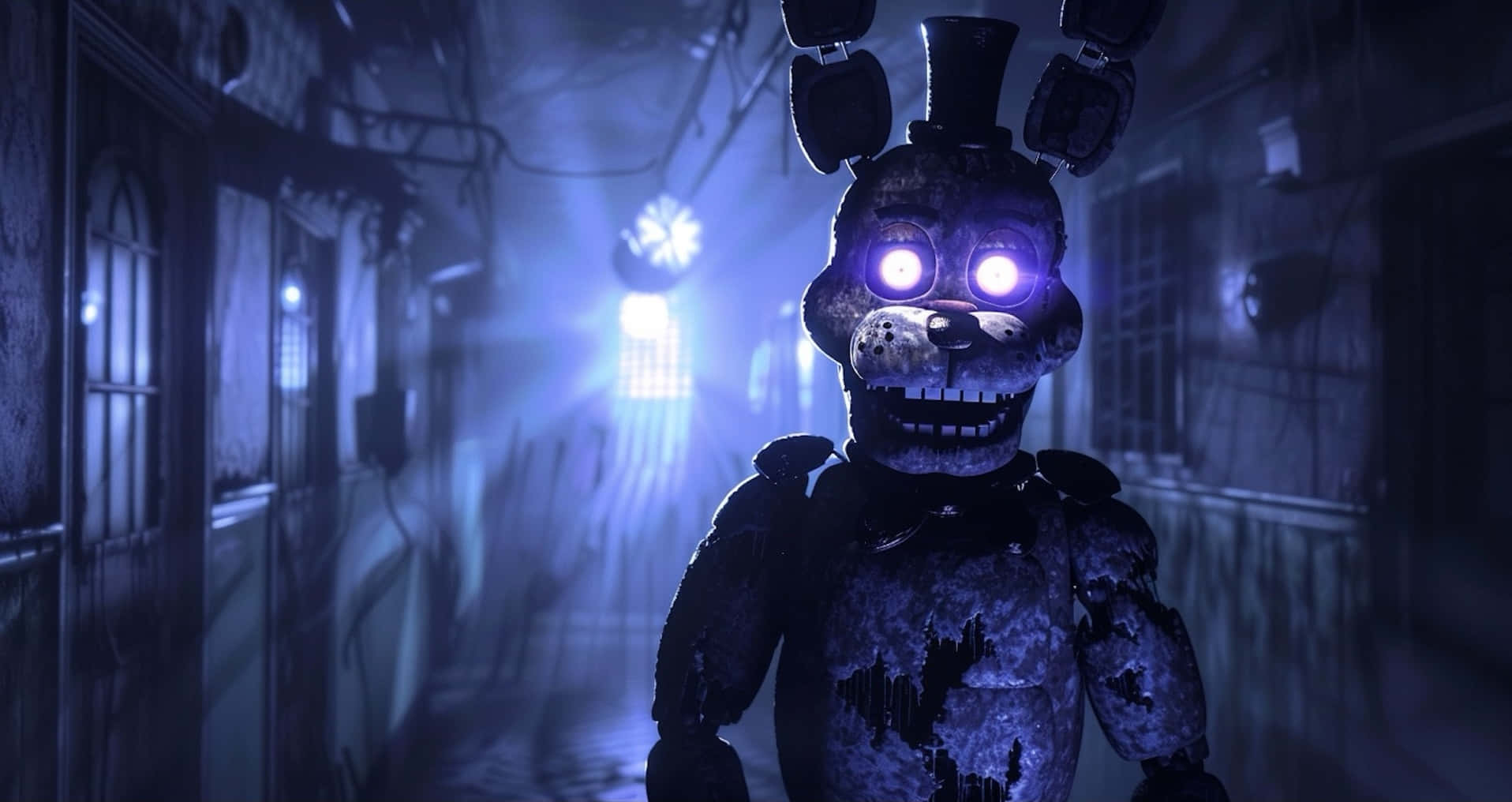 Withered Bonnie, corridor, glowing purple eyes, HD Desktop Wallpaper