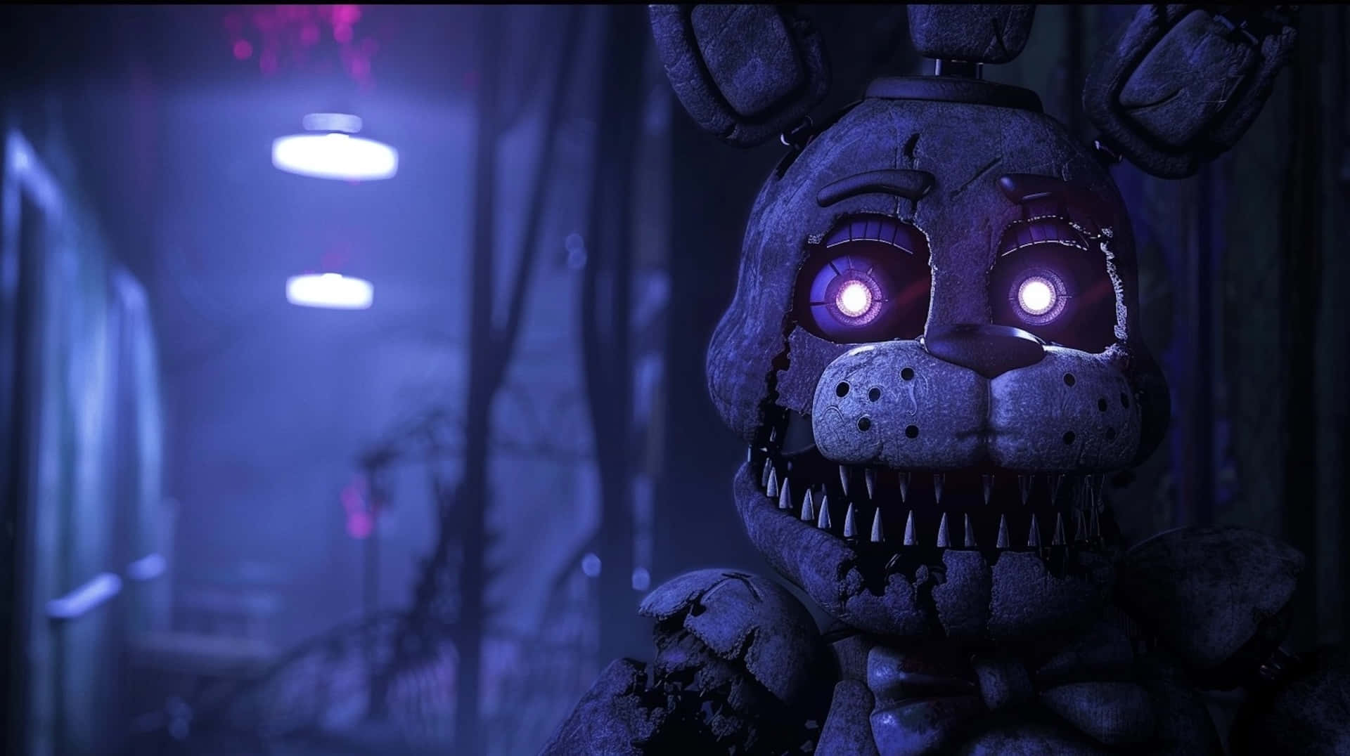 Withered Bonnie, corridor, glowing purple eyes, Full HD Desktop Wallpaper
