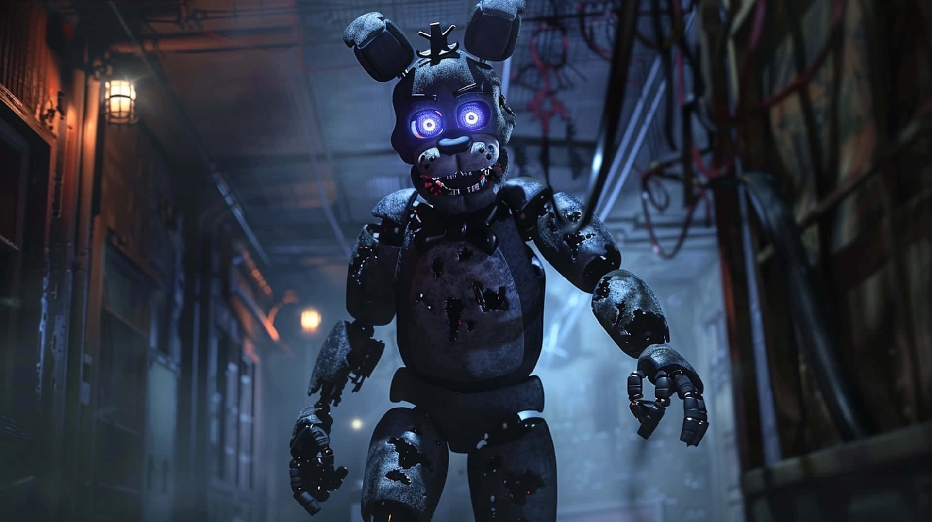 Withered Bonnie, corridor, glowing blue eyes, Full HD Desktop Wallpaper