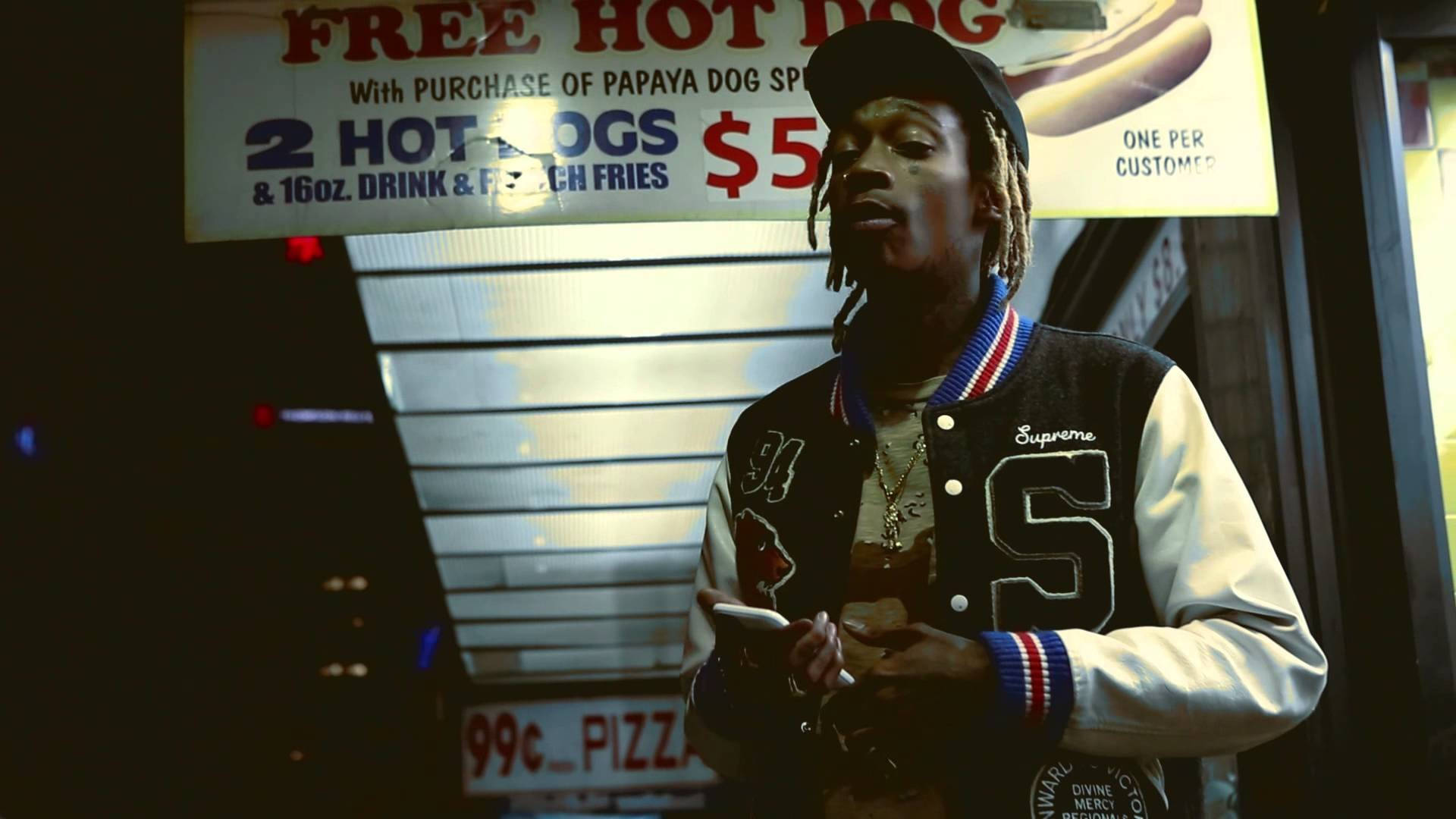 Wiz Khalifa, varsity jacket, hot dog sign, Full HD Desktop Wallpaper