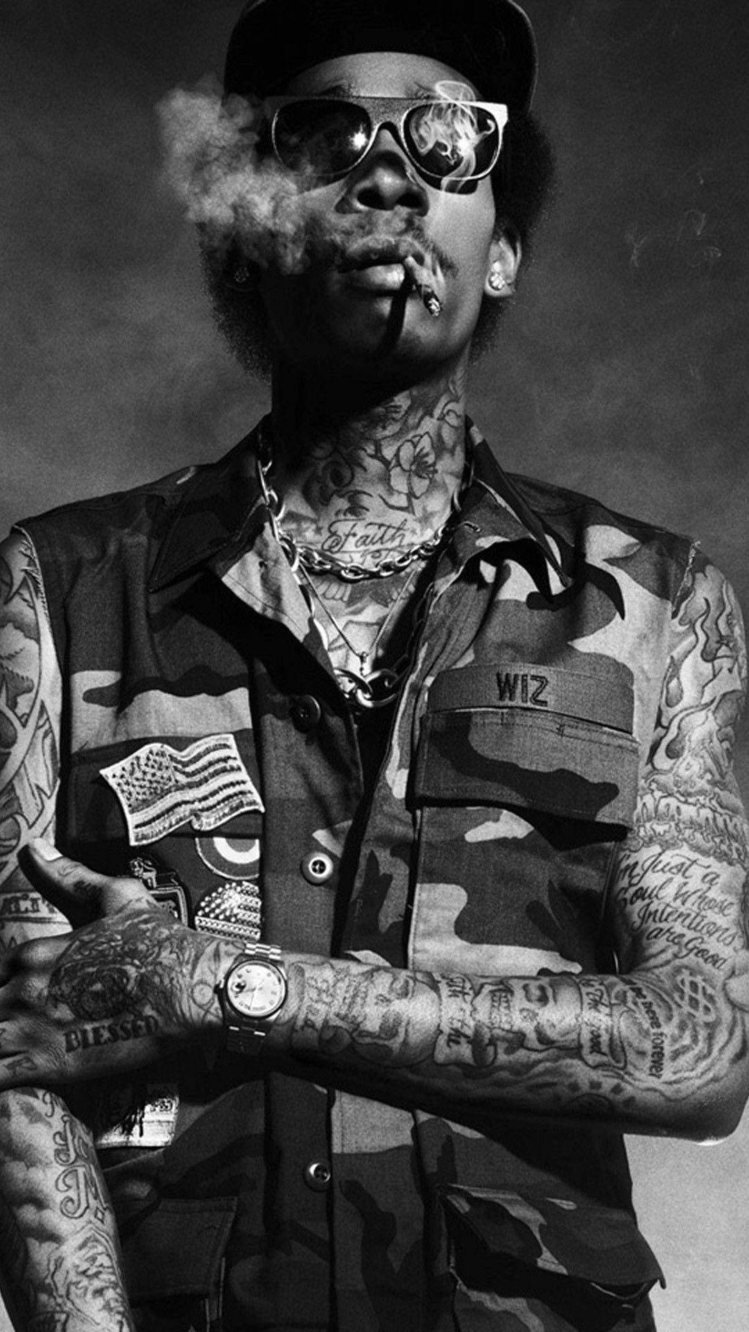 Wiz Khalifa, camouflage vest, cigarette, Full HD Phone Wallpaper