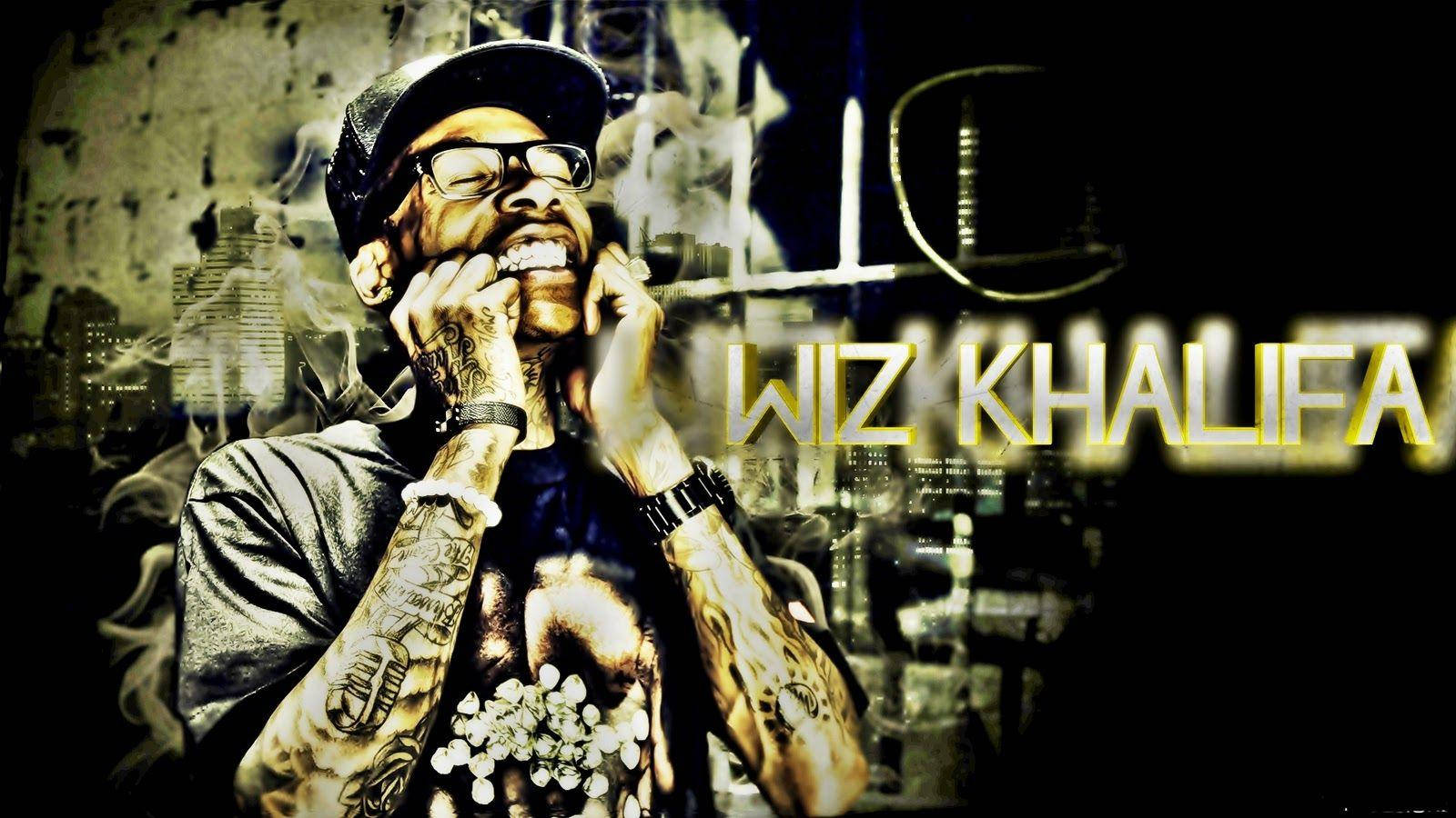 Wiz Khalifa, smoky cityscape, bold yellow text, HD Desktop Wallpaper