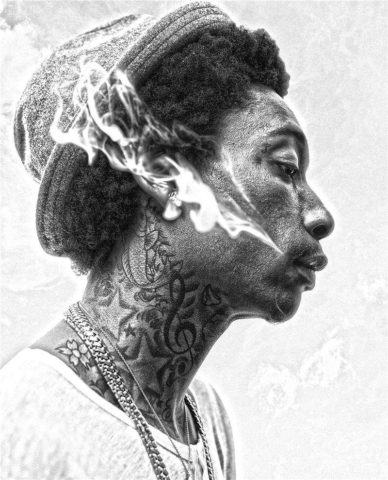 Wiz Khalifa, exhale smoke, black and white portrait, SD Phone Wallpaper