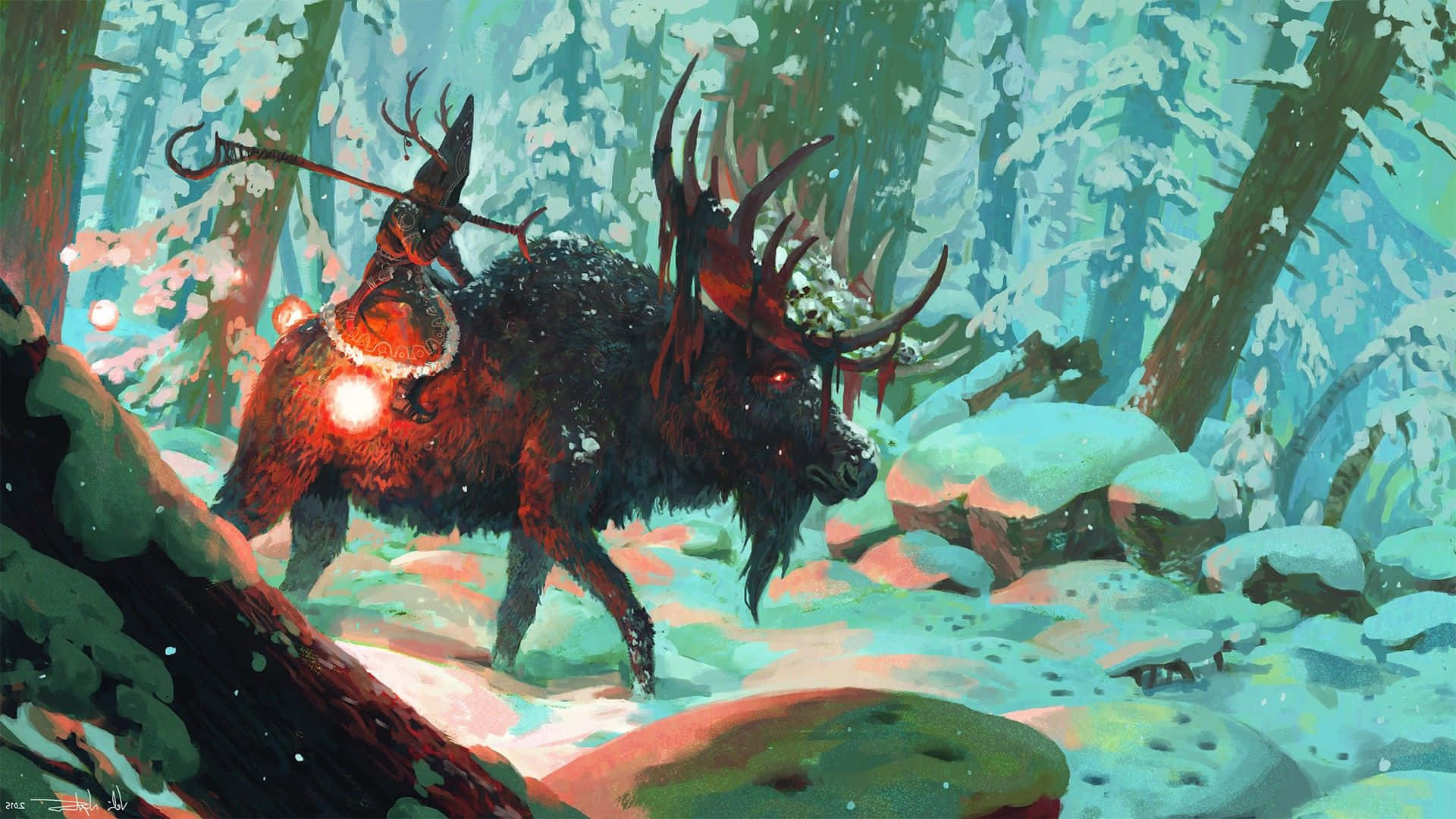 Wizardry, dark stag, glowing red eyes, Full HD Desktop Wallpaper
