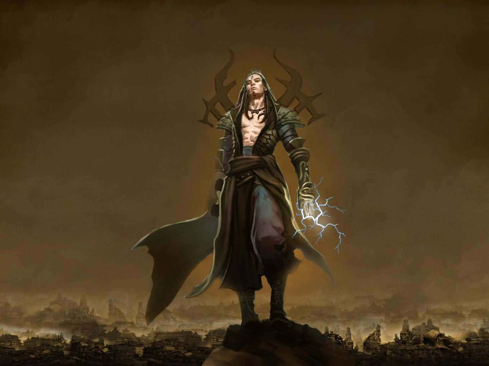 Wizardry, dark-robed warrior, antler-like headgear, HD Desktop Wallpaper