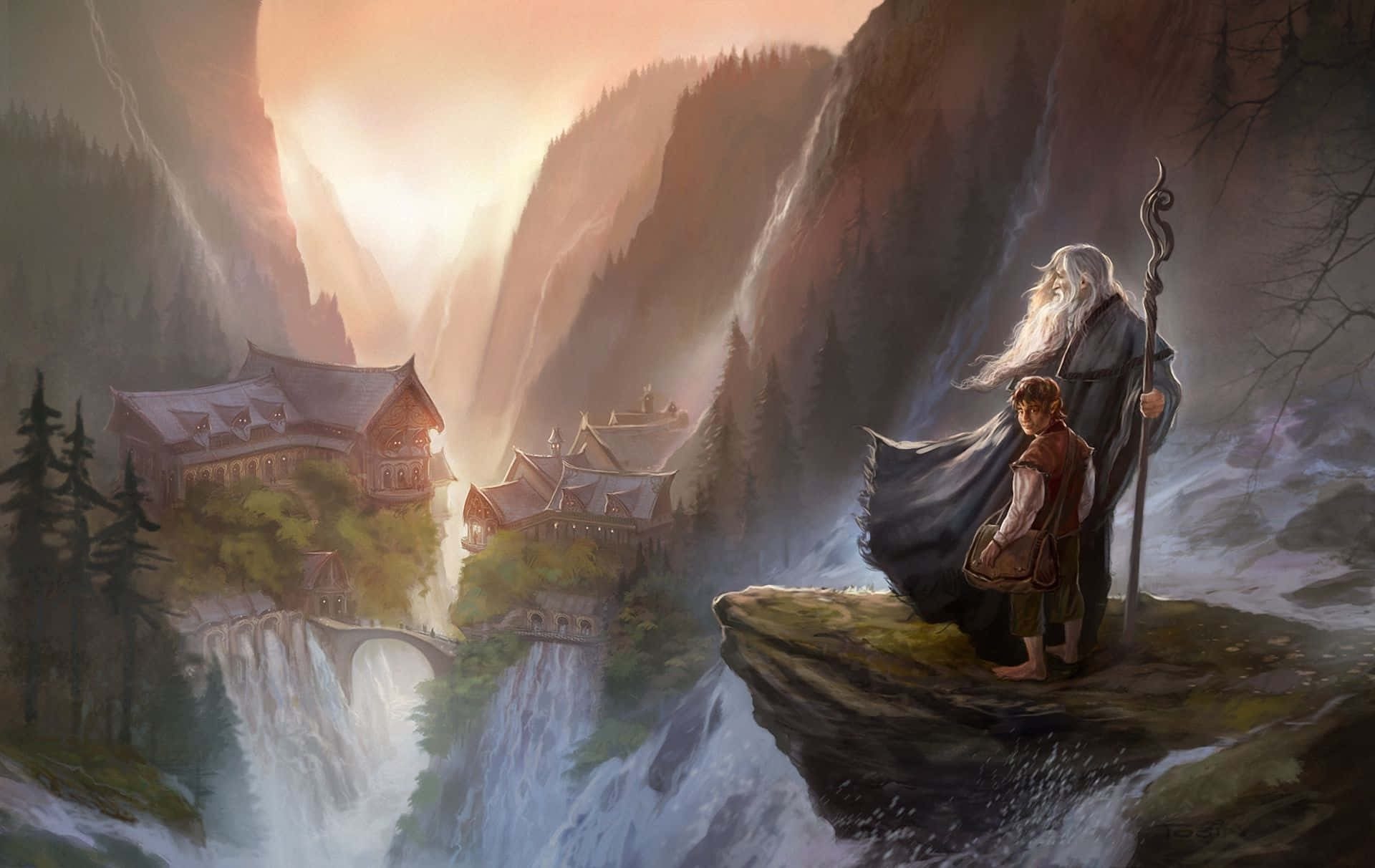 Wizardry, elderly wizard, young hobbit, Full HD Desktop Wallpaper
