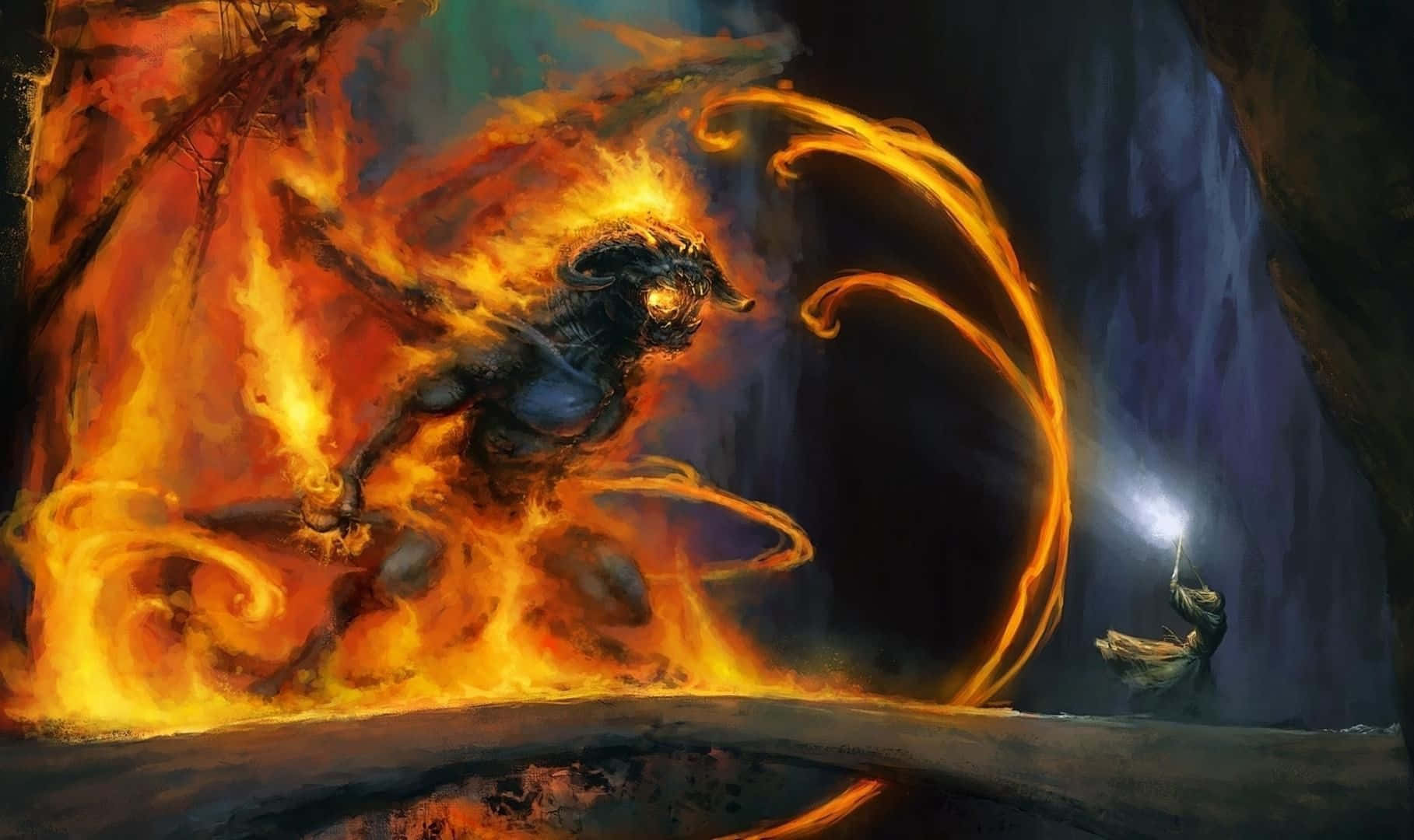 Wizardry, fiery demonic figure, cavern, HD Desktop Wallpaper