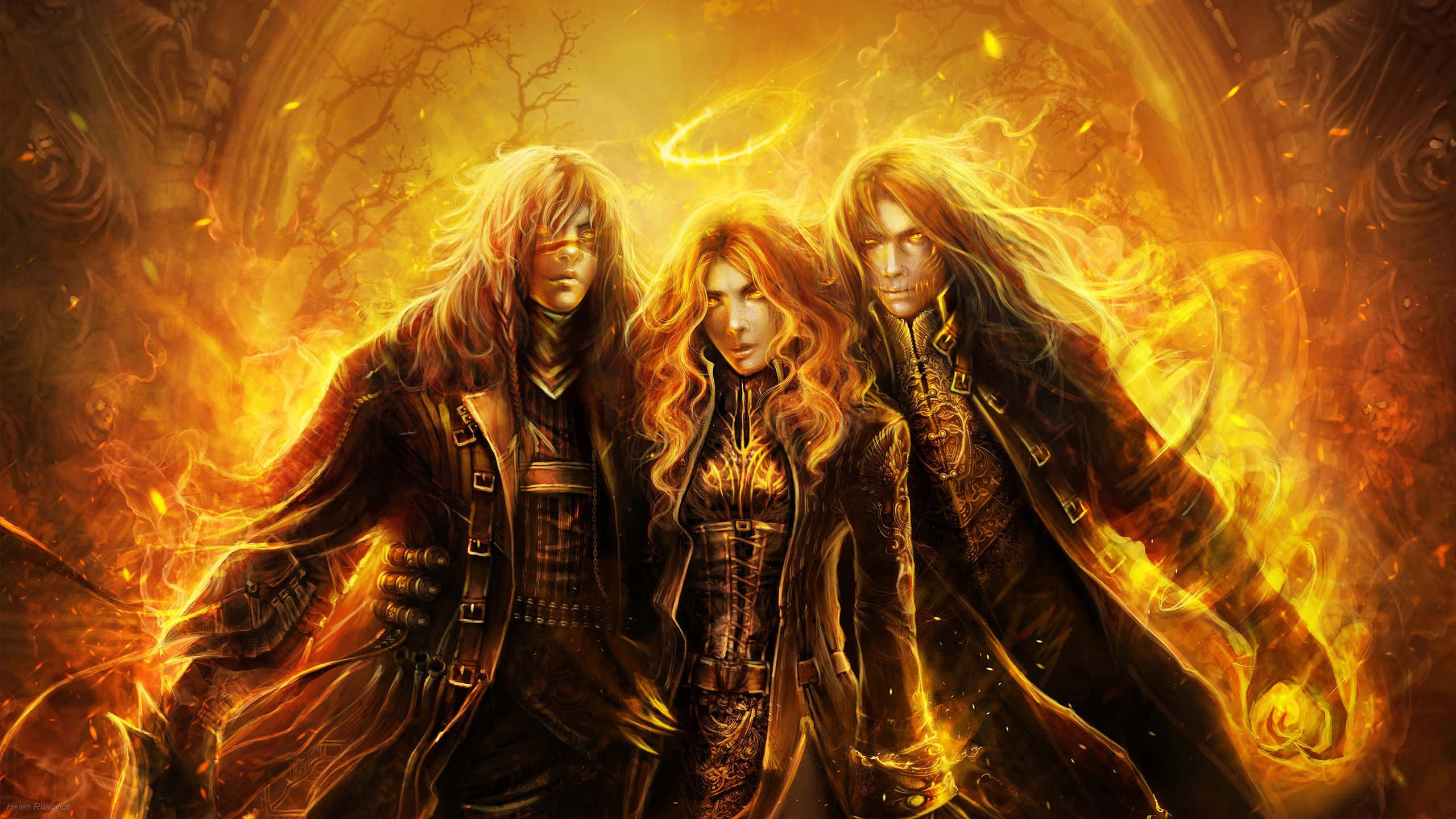 Wizardry, fiery-haired fantasy warriors, swirling flames, 2K Desktop Wallpaper