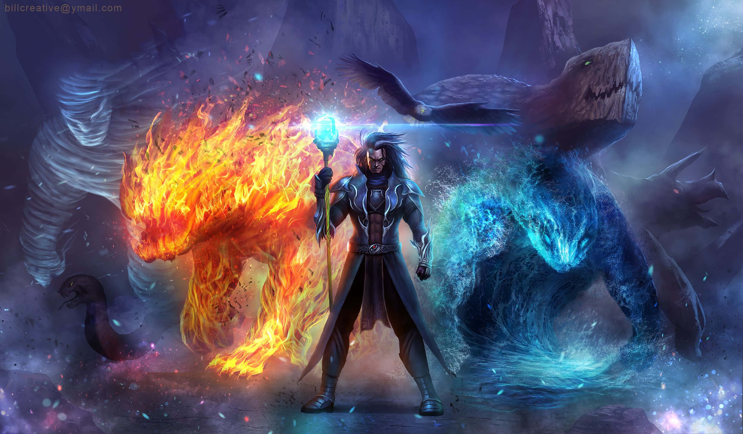 Wizardry, dark-haired mage, glowing staff, Full HD Desktop Wallpaper