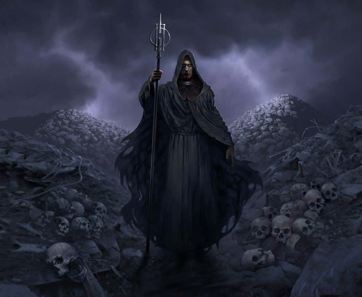 Wizardry, hooded dark figure, staff, HD Desktop Wallpaper