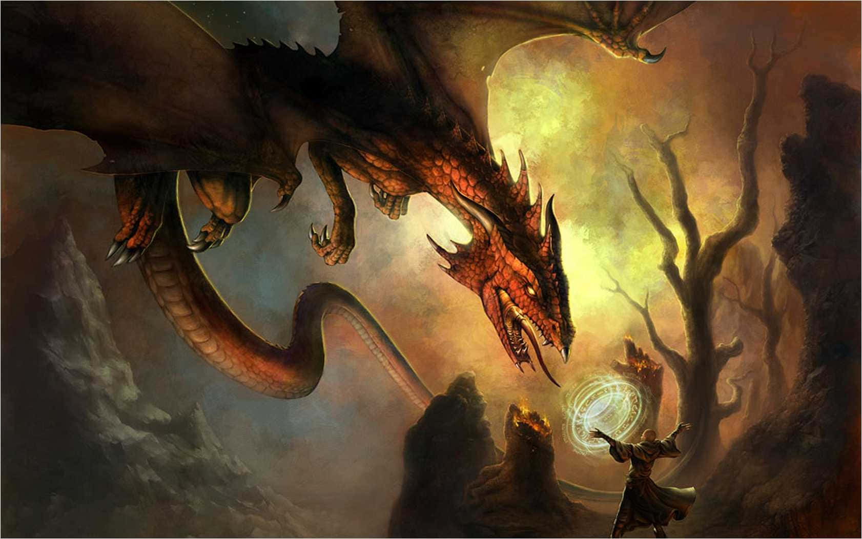 Wizardry, fiery dragon, lone wizard, HD Desktop Wallpaper