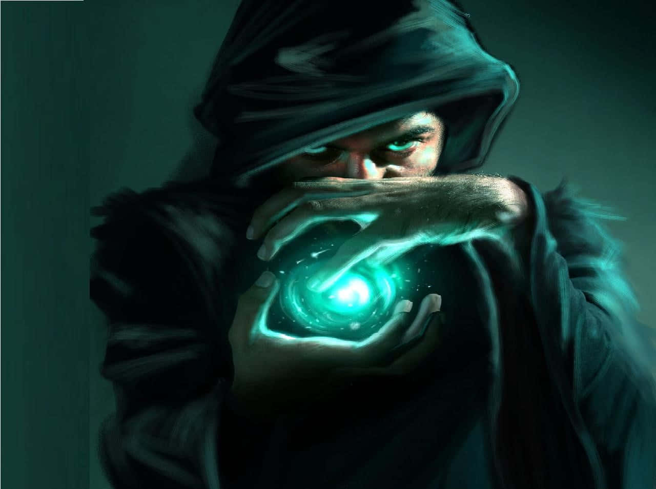 Wizardry, glowing green eyes, swirling teal magical orb, HD Desktop Wallpaper