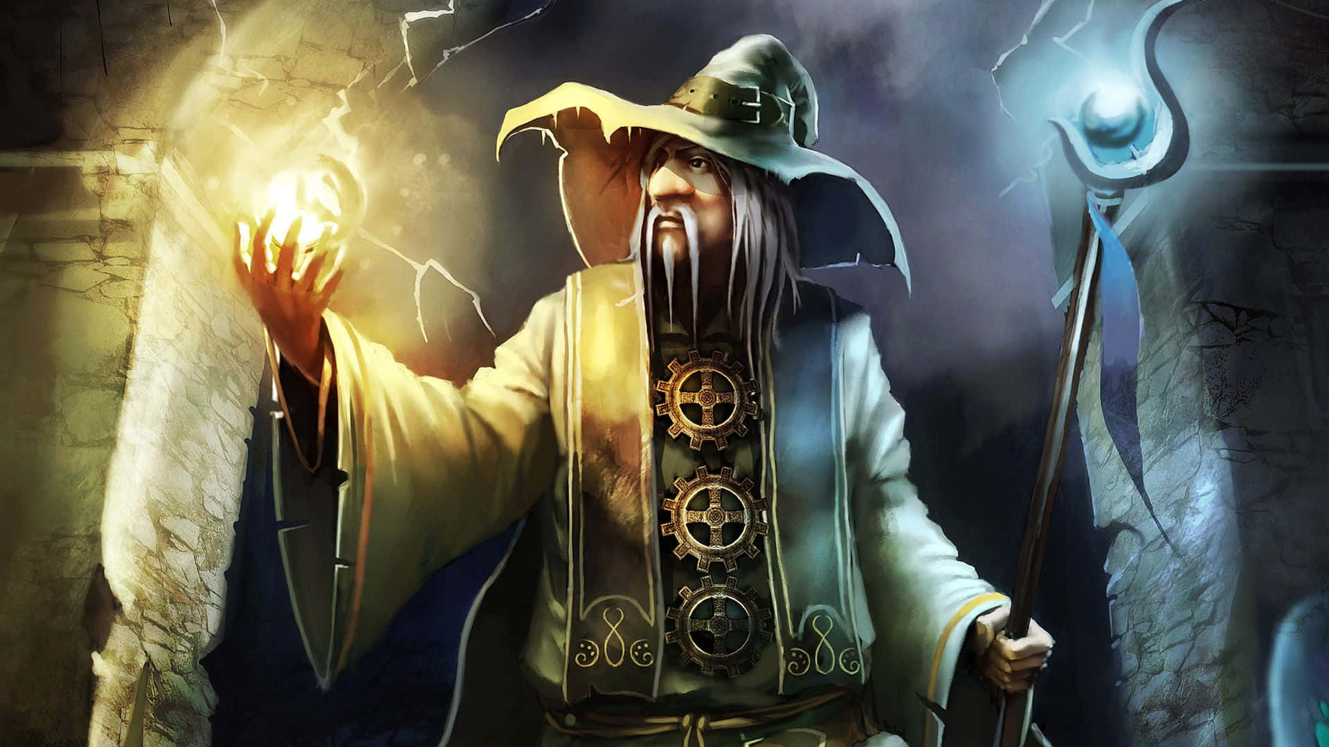 Wizardry, wide-brimmed hat, staff, Full HD Desktop Wallpaper