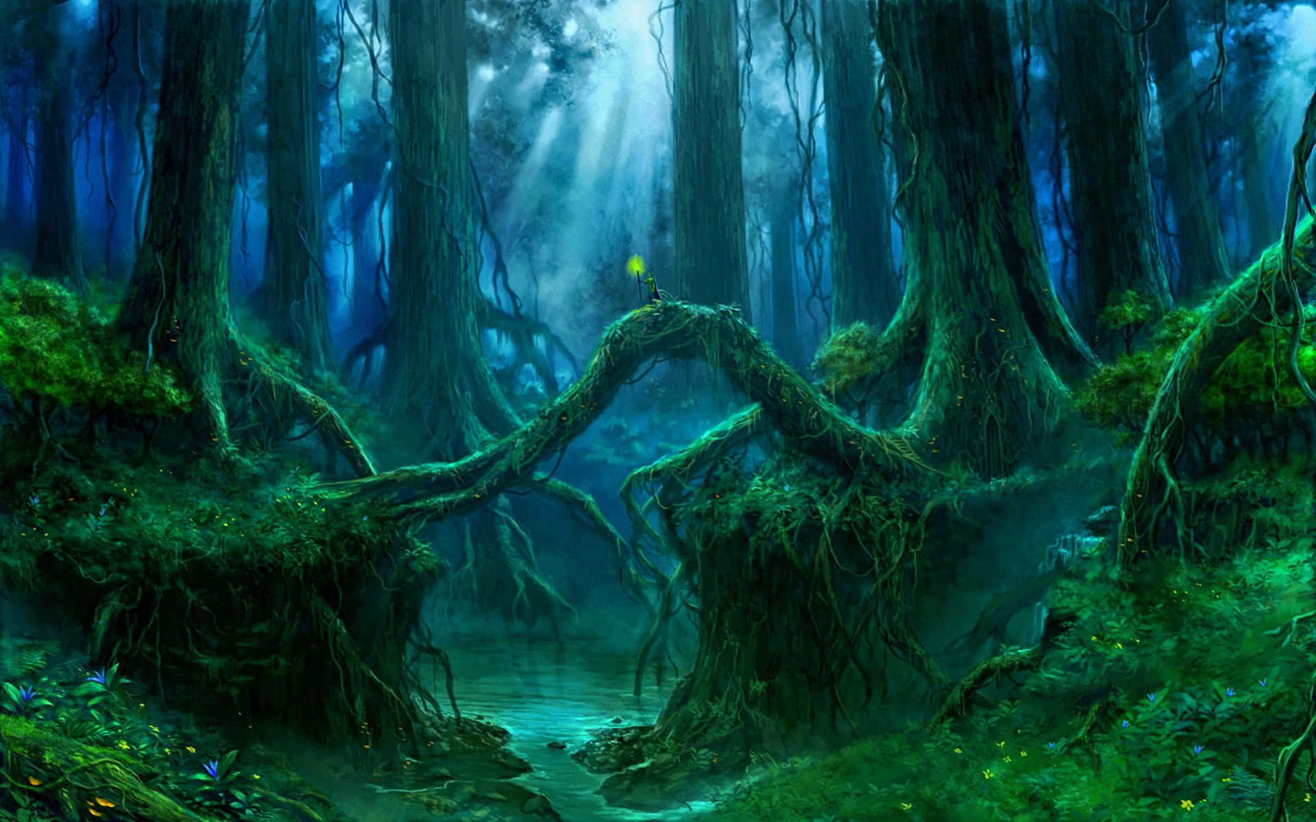 Wizardry, mystical forest, blue and green light, Full HD Desktop Wallpaper