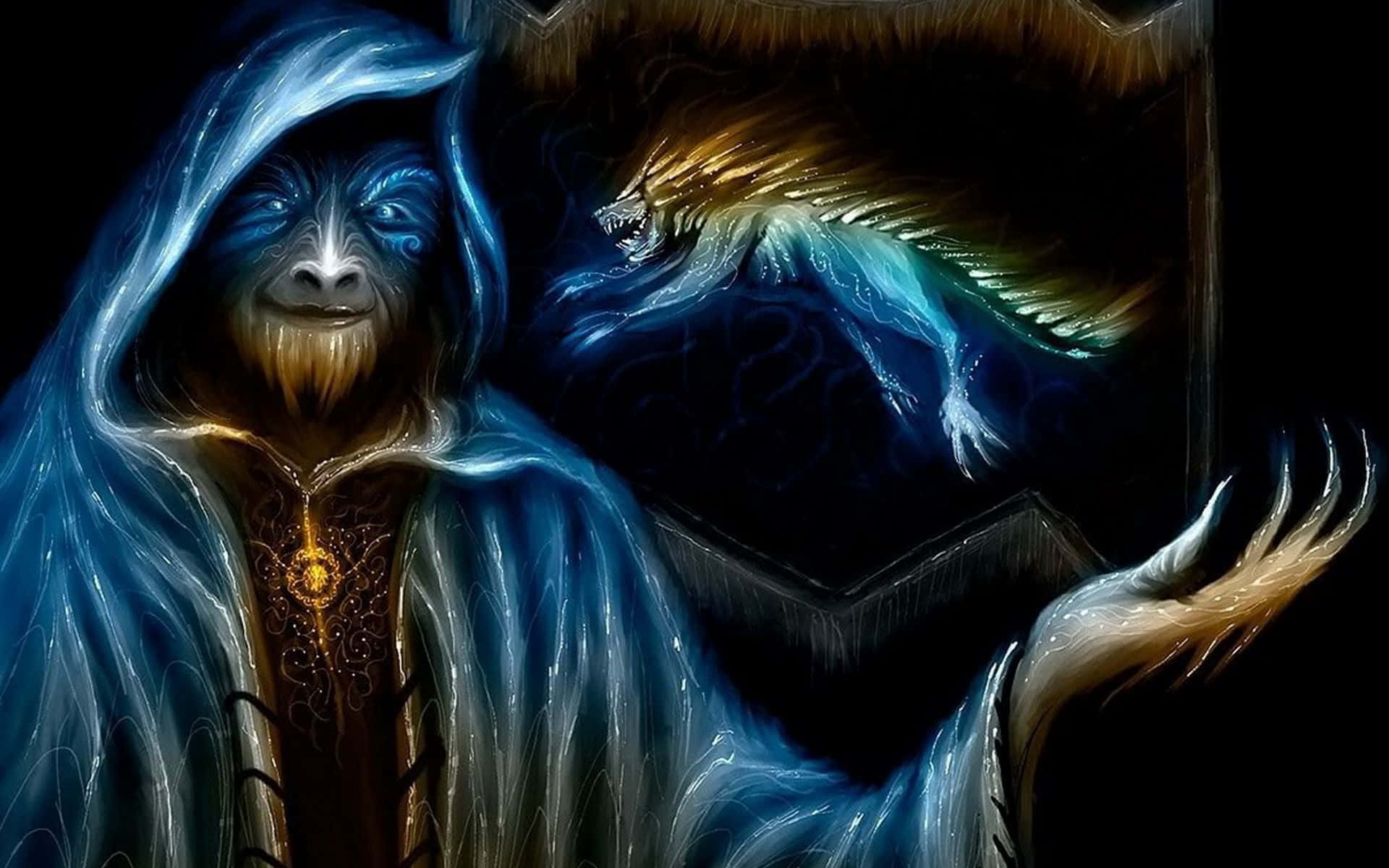 Wizardry, hooded blue-skinned sorcerer, glowing eyes, Full HD Desktop Wallpaper