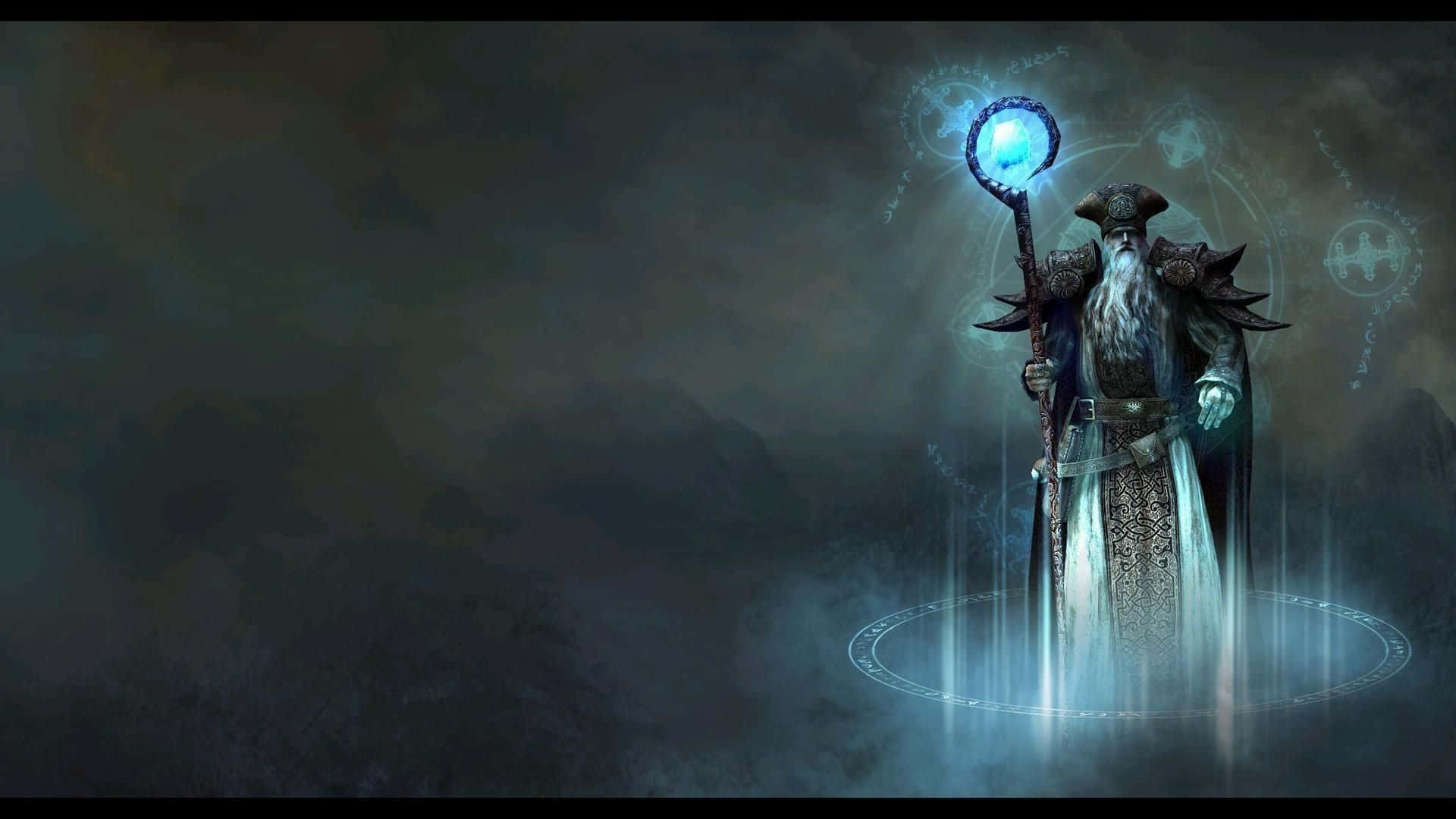 Wizardry, dark-robed wizard, glowing blue staff, Full HD Desktop Wallpaper