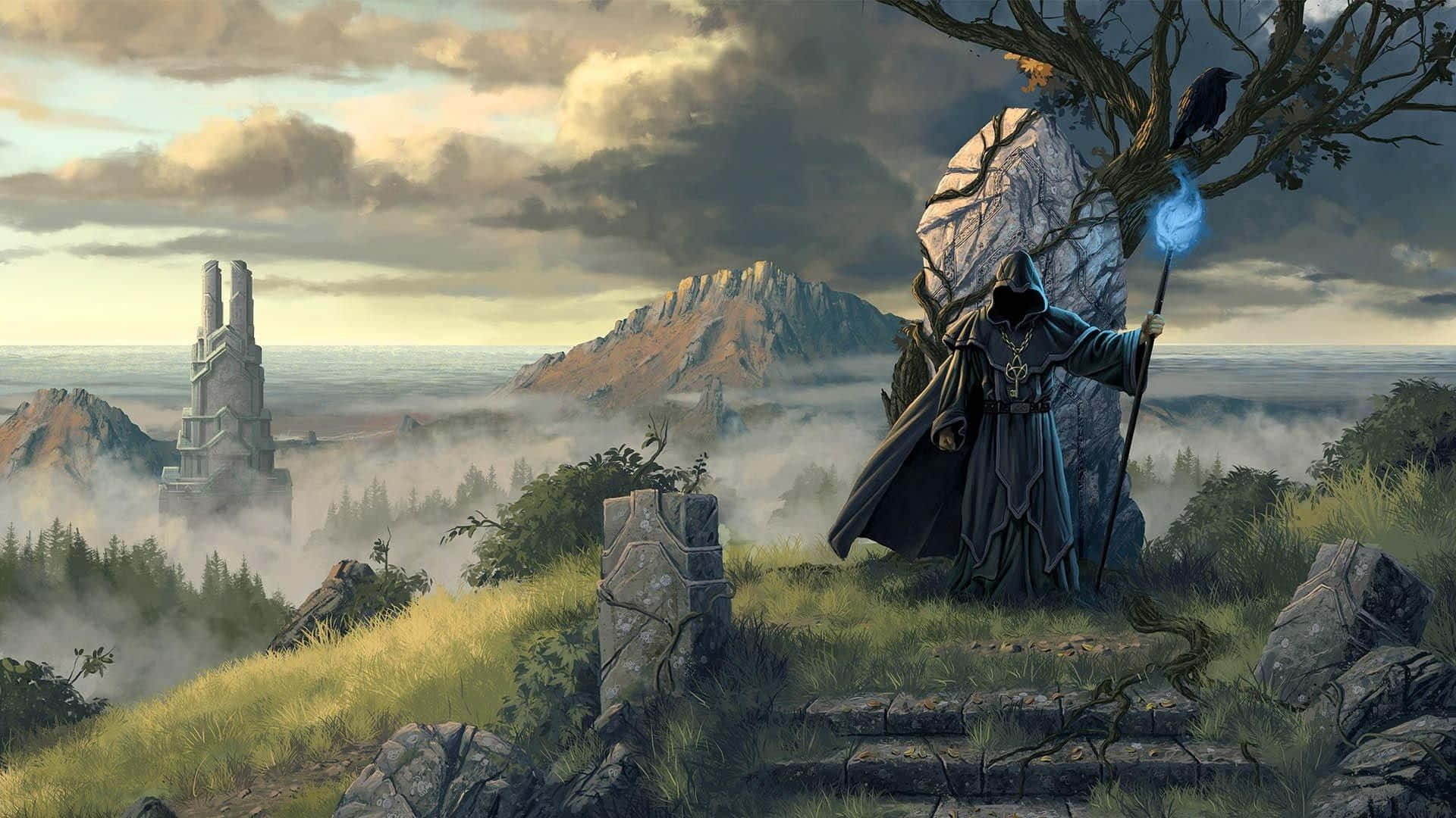 wizard, cloaked wizard, glowing staff, Full HD Desktop Wallpaper