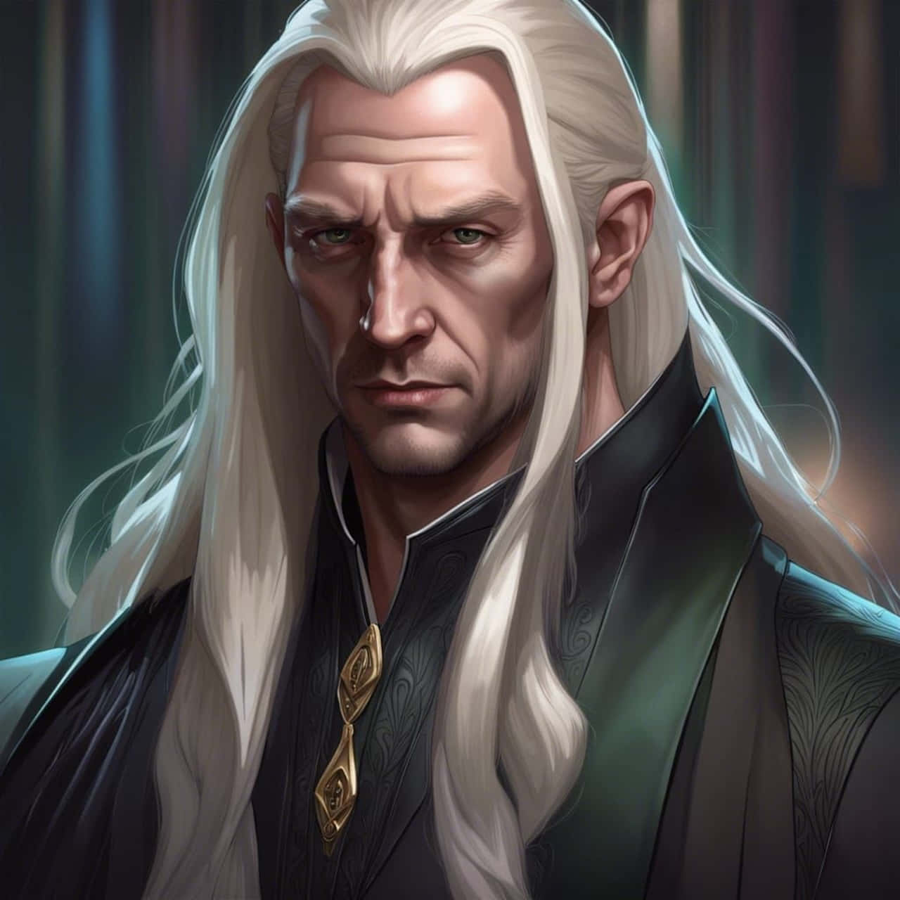 elegant wizard portrait, long white hair, dark ornate robe, HD Desktop Wallpaper