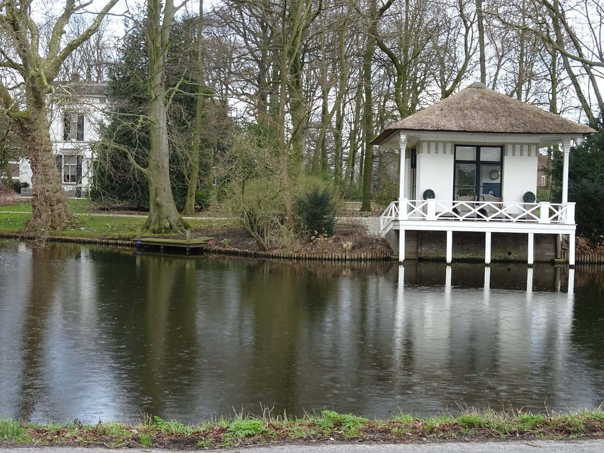 Woerden, waterfront gazebo, white gazebo, SD Desktop Wallpaper