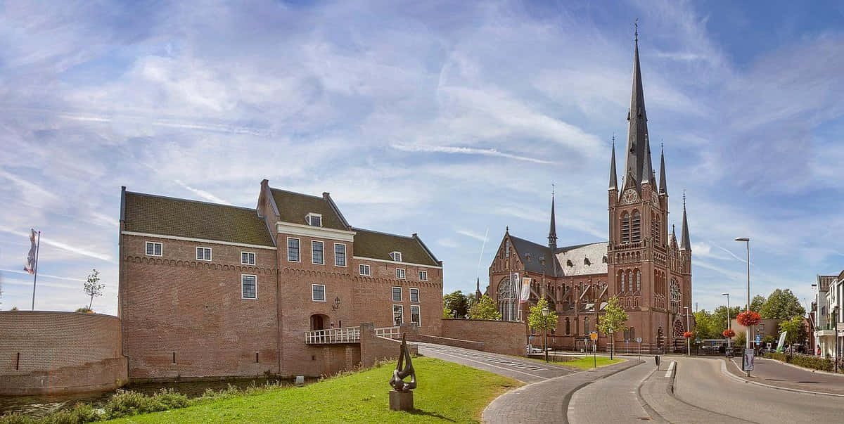 Woerden, historical castleand church, brick cathedral, SD Desktop Wallpaper