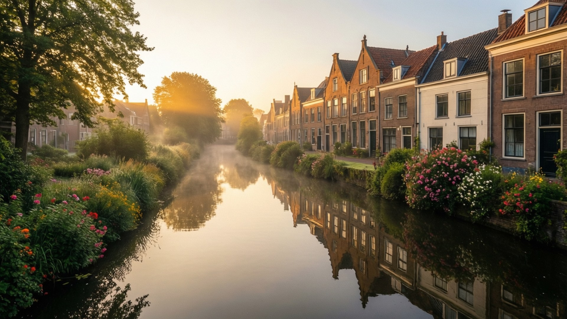 Woerden, canal, sunrise, Full HD Desktop Wallpaper