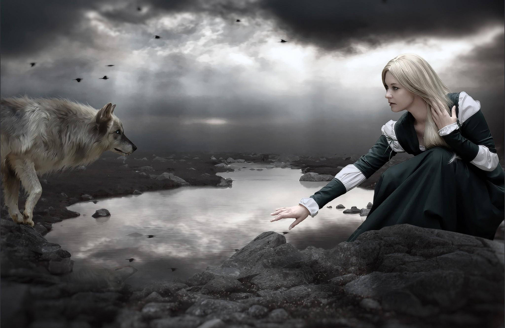 Wolf Girl, dark clothing, stormy lake, Full HD Desktop Wallpaper