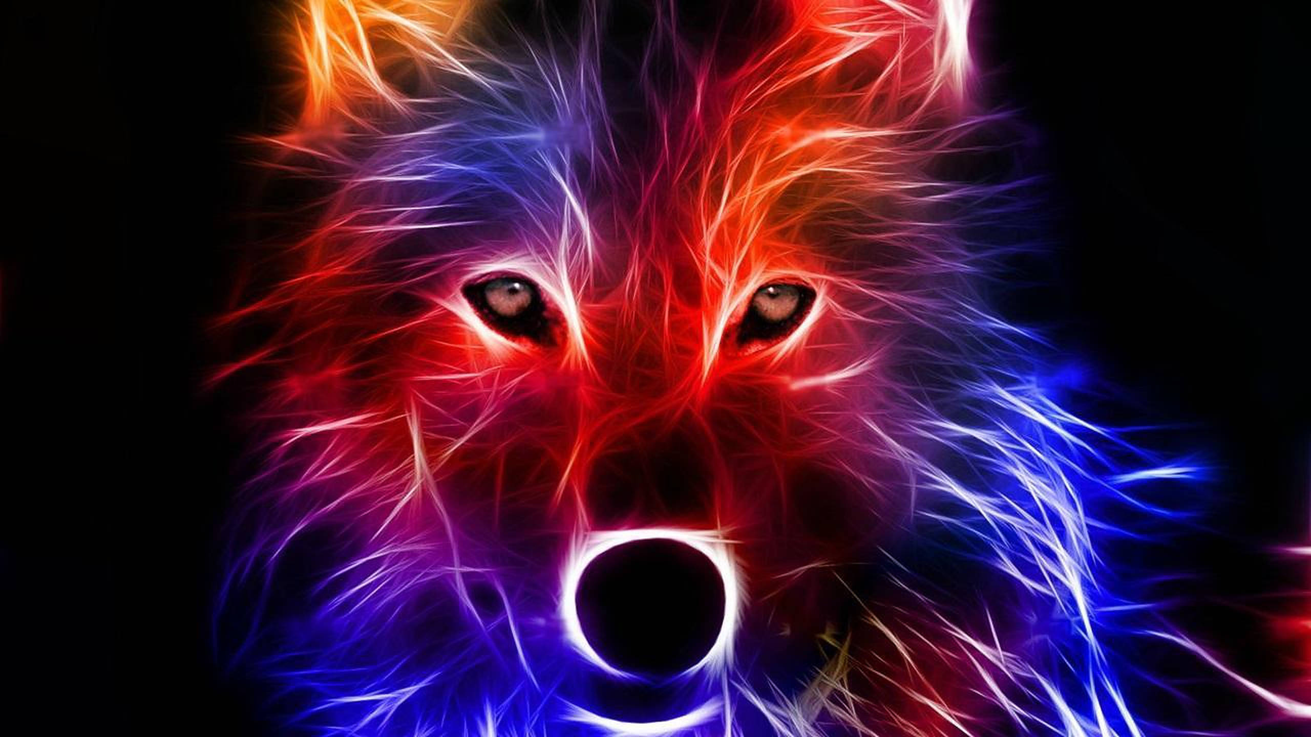 wolf head, electric red, blue neon fur, 2K Desktop Wallpaper