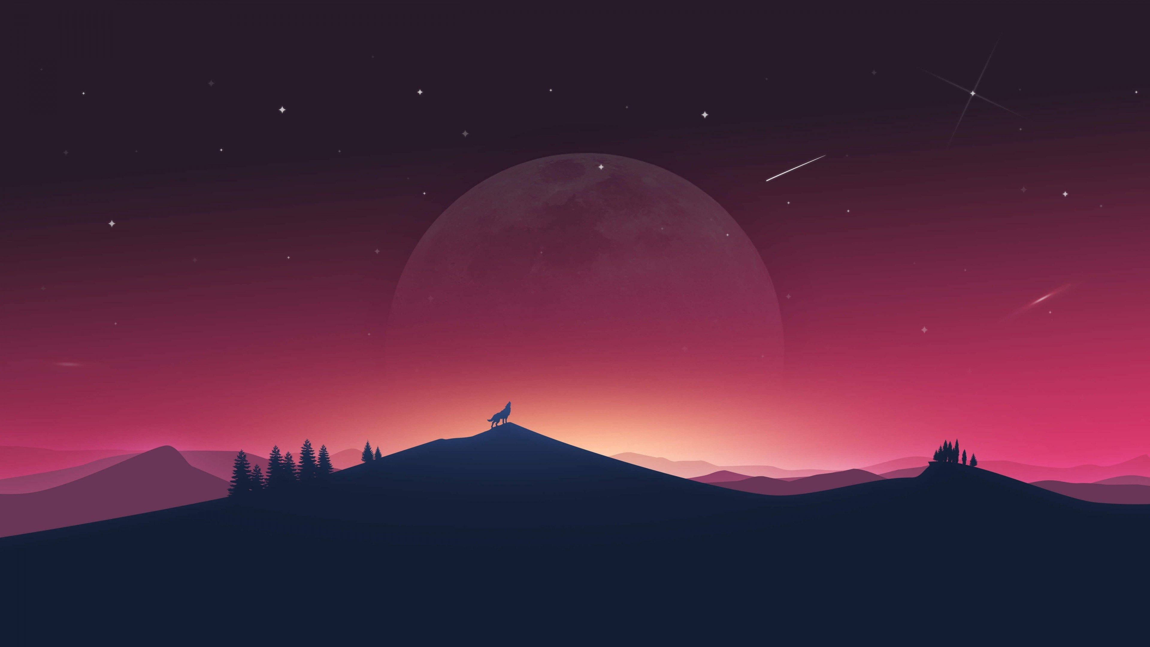 Mountain Wolf, giant moon, streaking stars, 4K Desktop Wallpaper