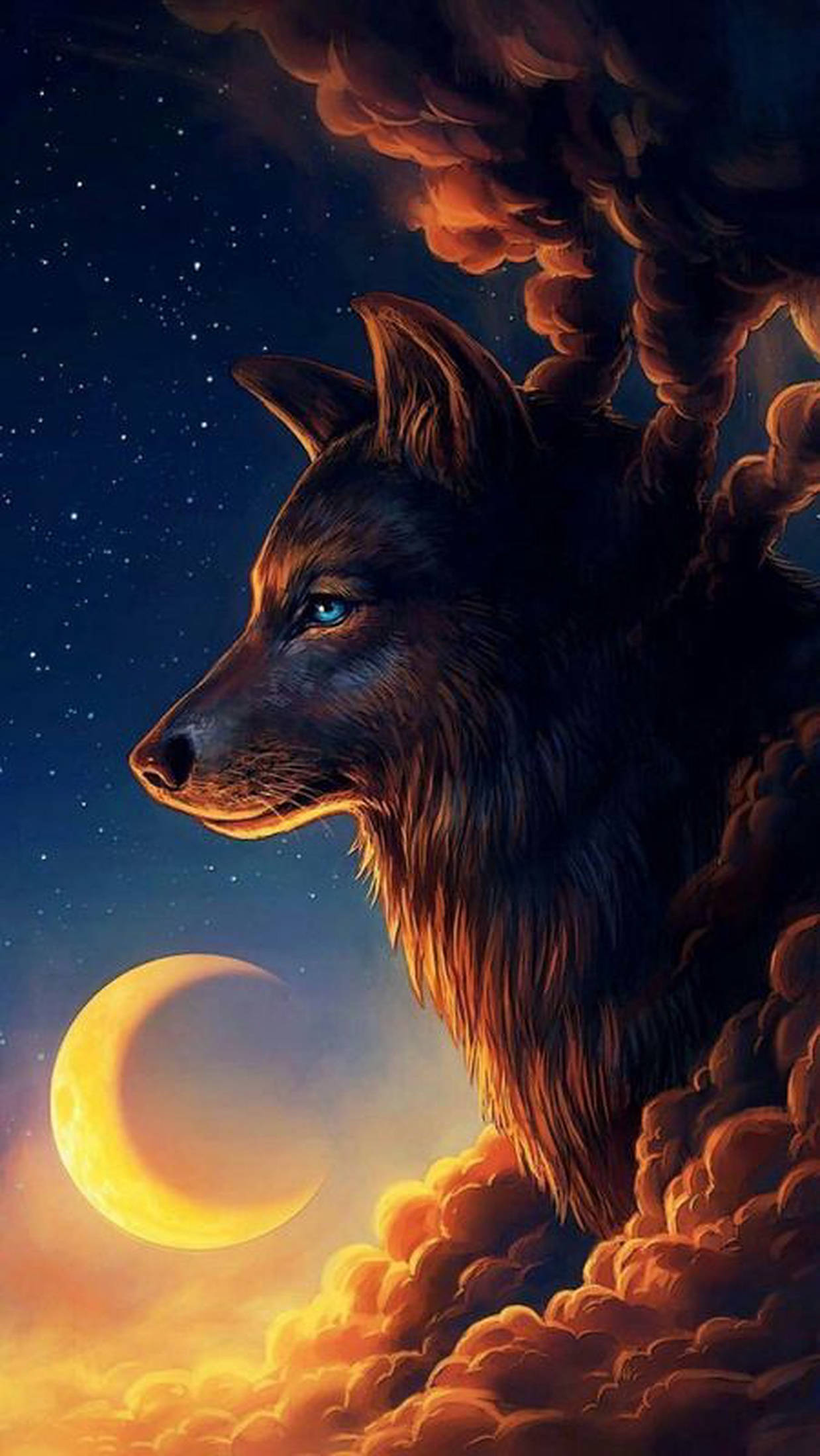 glowing blue eyes, fiery orange clouds, starry night sky, Full HD Phone Wallpaper