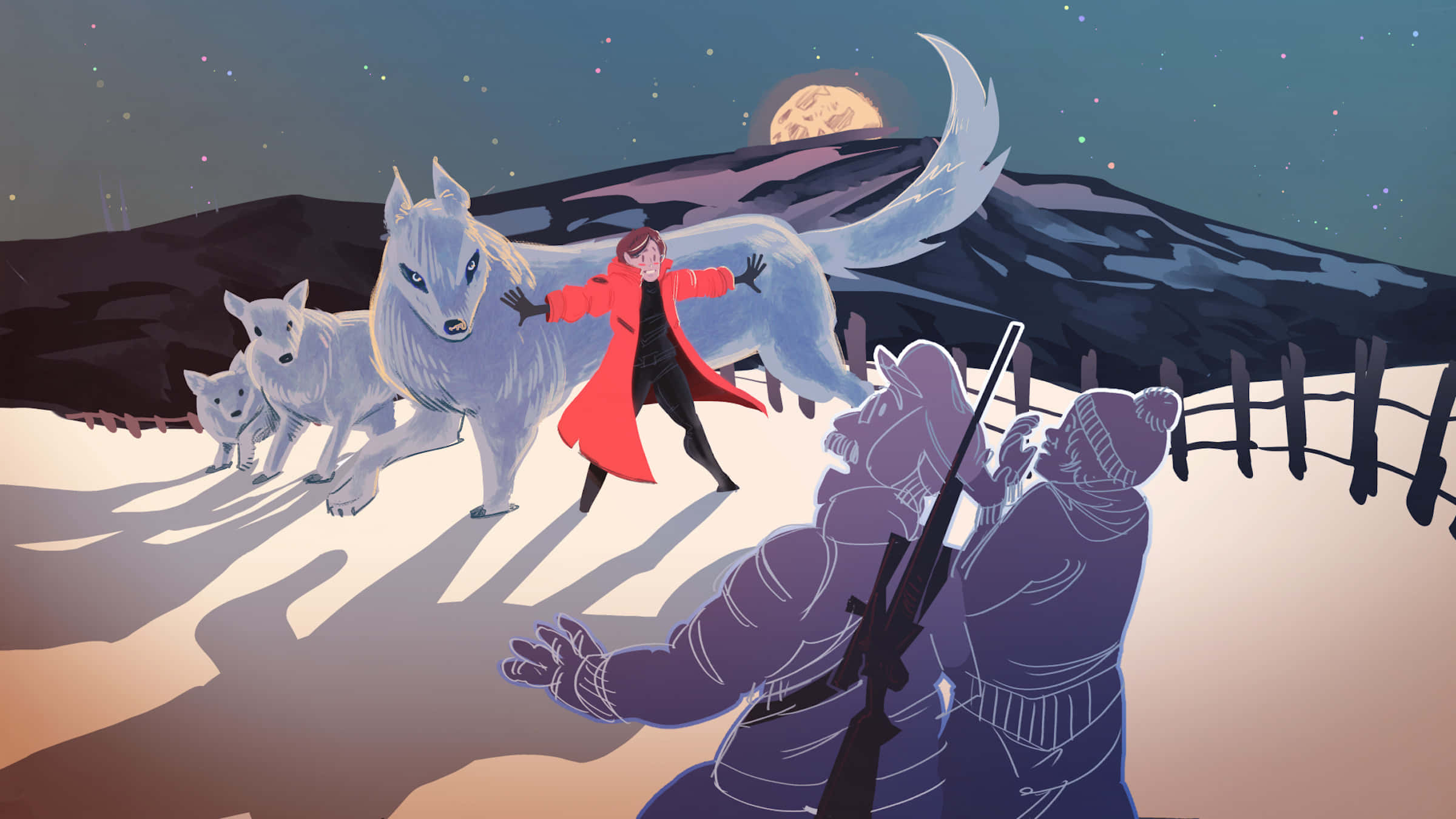Wolf Art, red coat, white wolves, Full HD Desktop Wallpaper