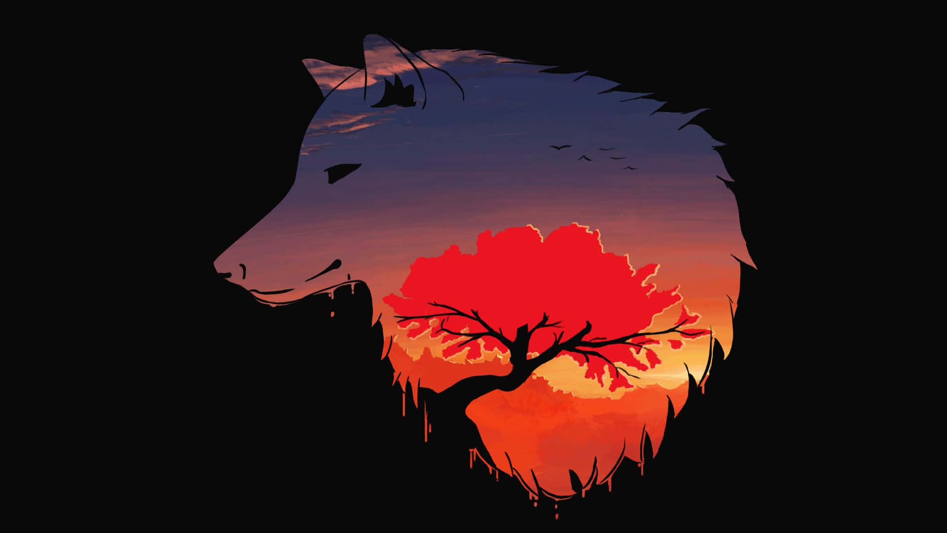 wolf silhouette, fiery red tree, twilight sky, Full HD Desktop Wallpaper