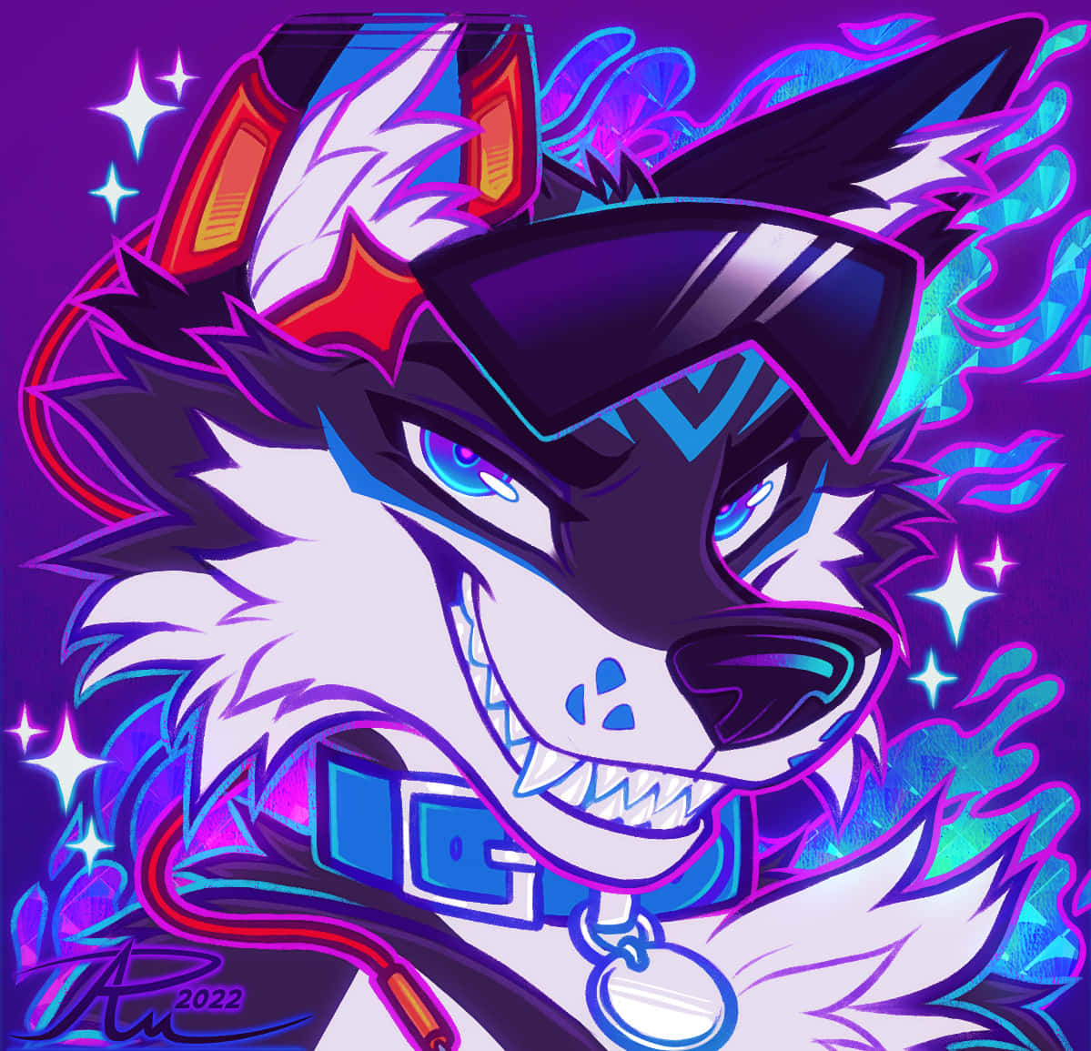 wolf art, glowing blue eyes, neon purple fur, SD Desktop Wallpaper