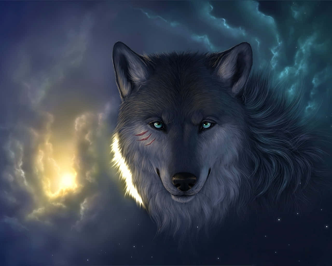 wolf art, gray wolf, glowing blue eyes, HD Desktop Wallpaper
