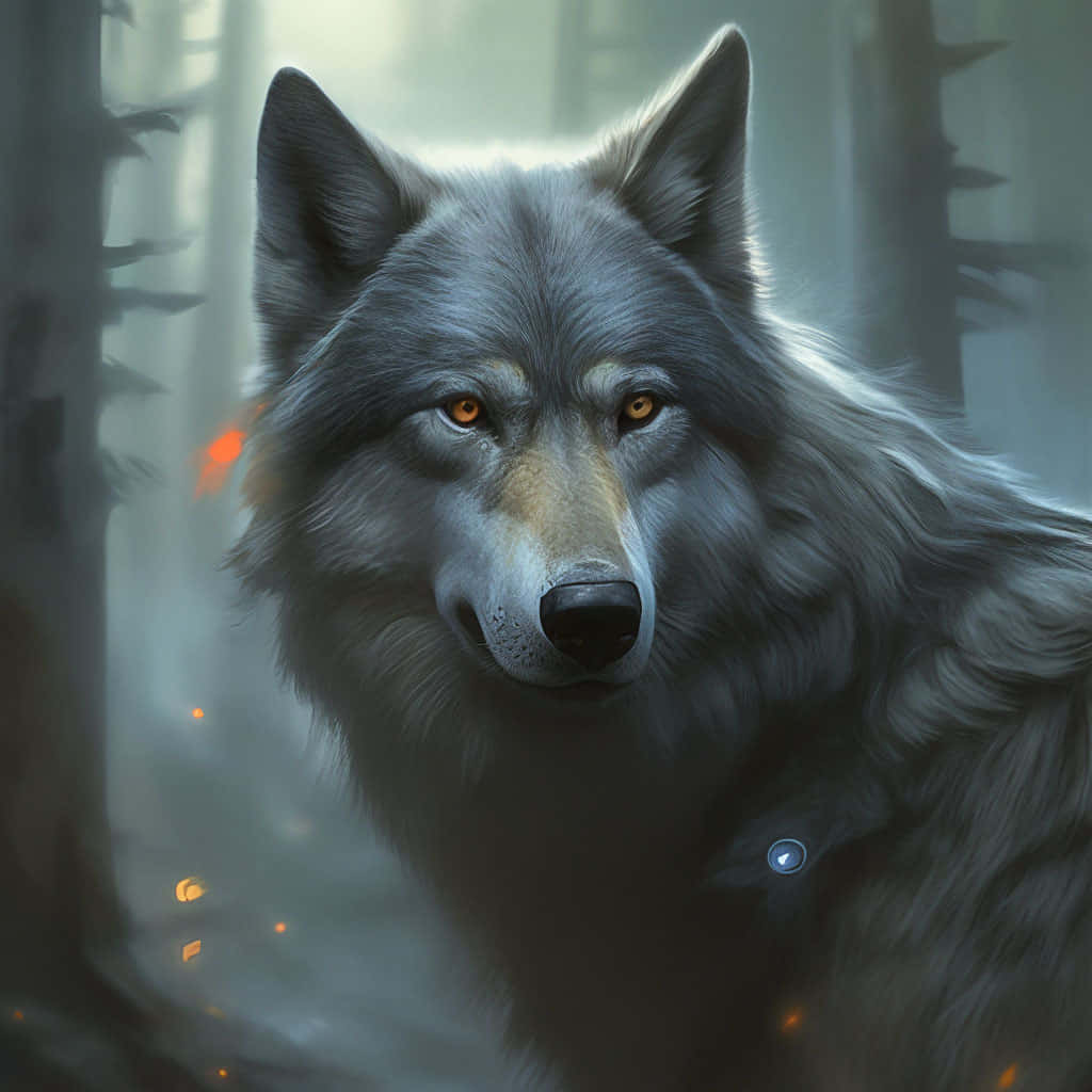 mystical forest, gray wolf, amber eyes, SD Desktop Wallpaper