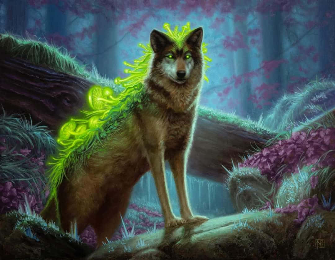 Wolf Art, glowing green moss, ferns, SD Desktop Wallpaper