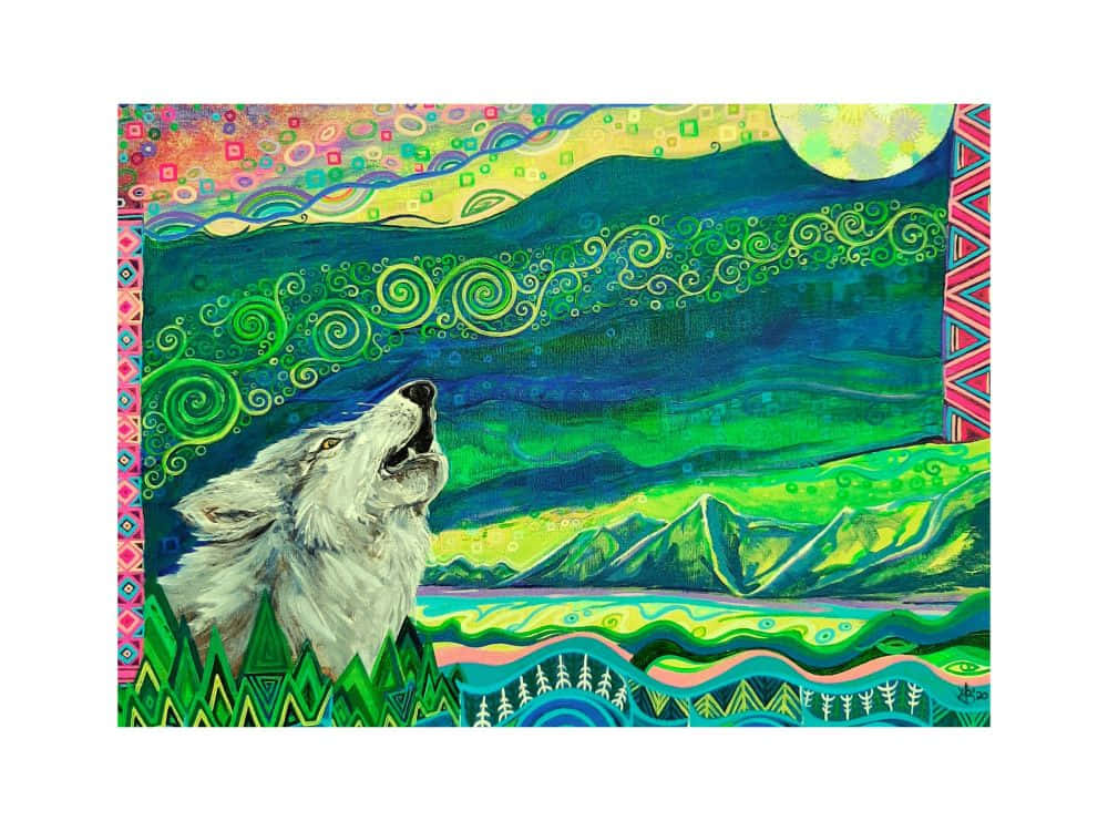 wolf art, white wolf, psychedelic landscape, SD Desktop Wallpaper