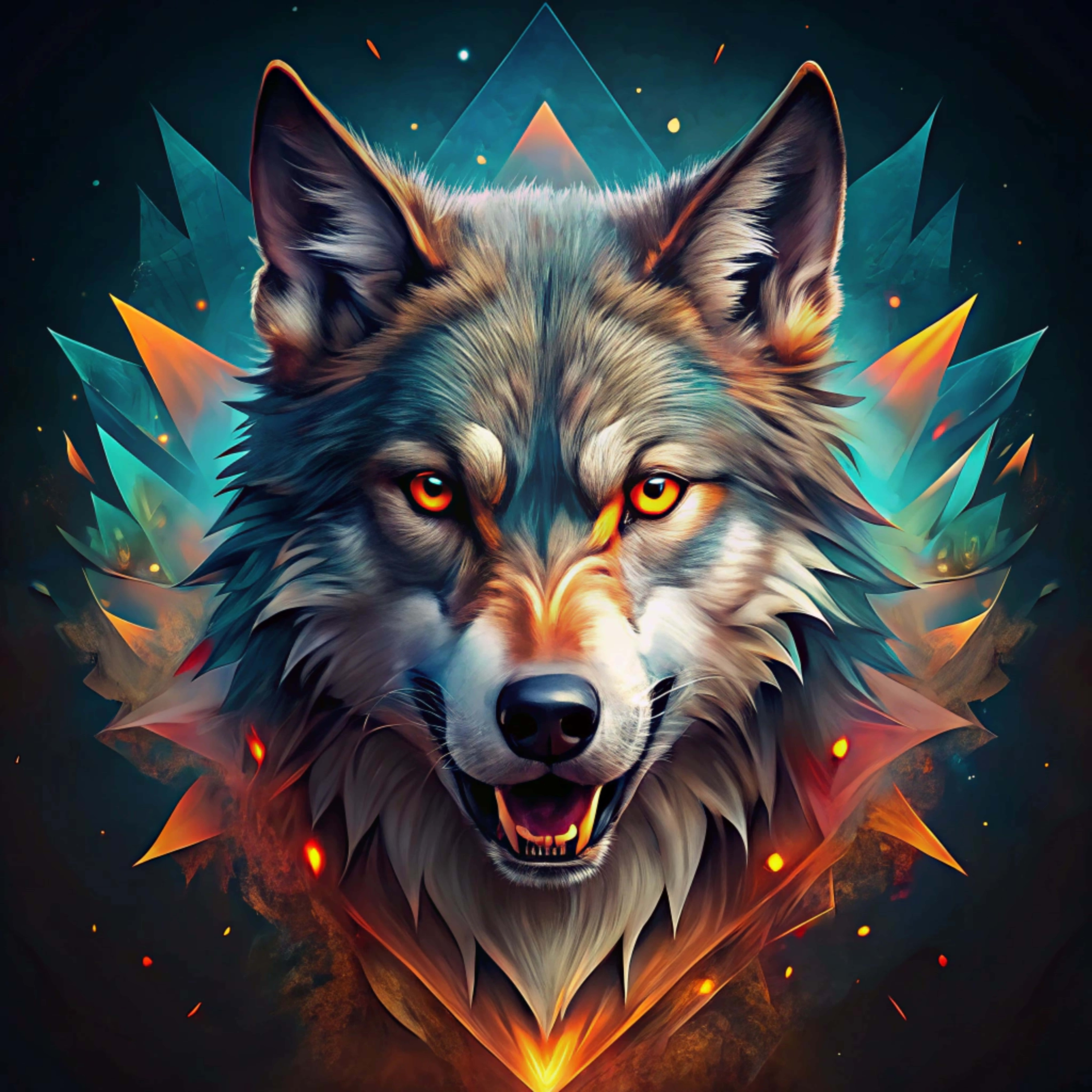 angry wolf, glowing orange eyes, sharp teeth, 8K Desktop Wallpaper